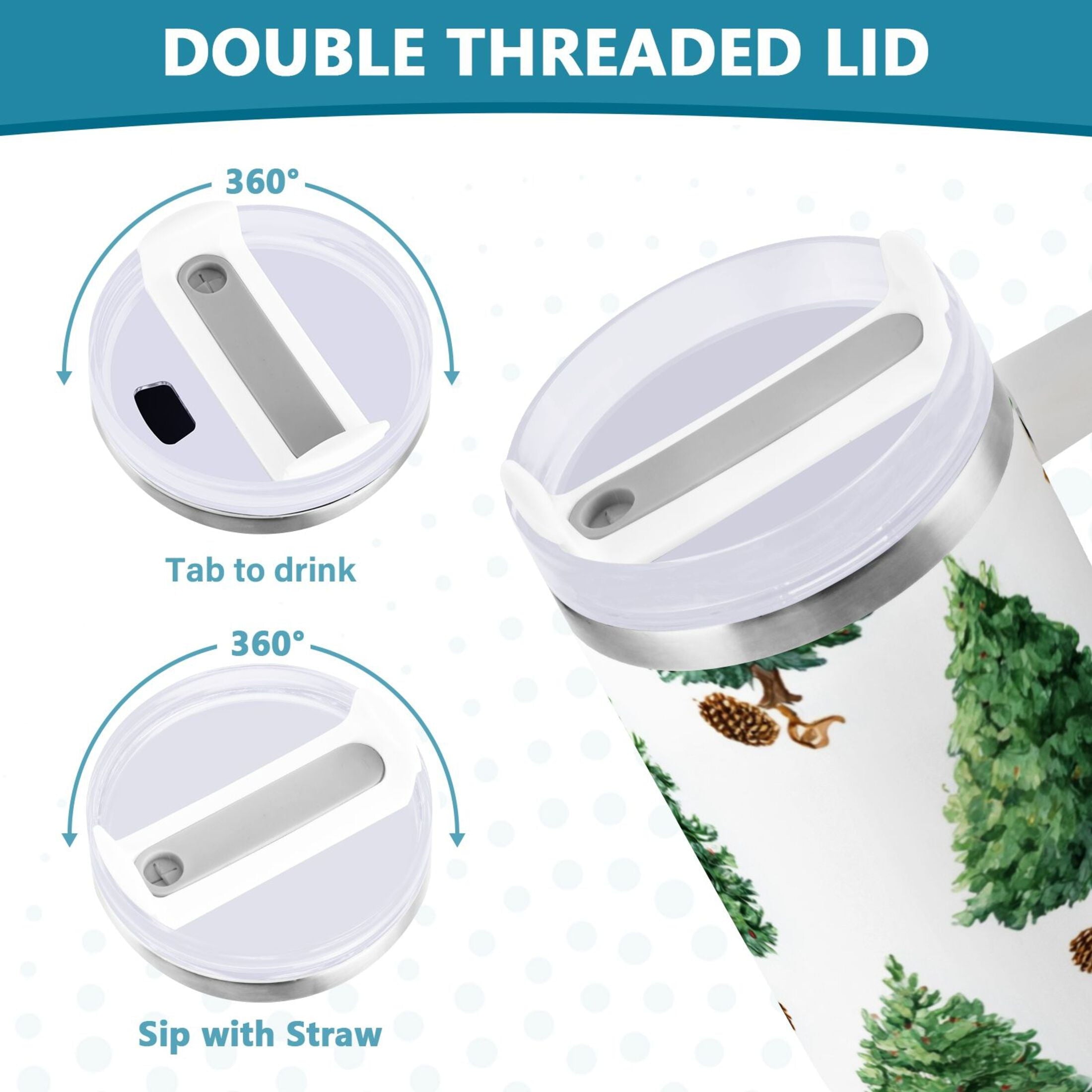 30 oz Insulated Stainless Steel Tumbler Double Wall Stainless Steel Tumbler with 2-Way Drinking Watercolor Green Christmas Tree