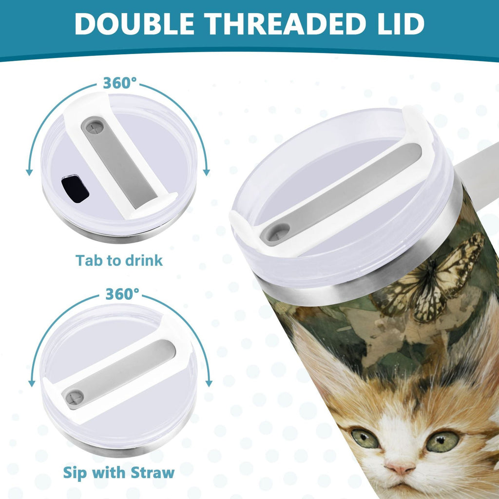 30 oz Insulated Stainless Steel Tumbler Double Wall Stainless Steel Tumbler with 2-Way Drinking Adorable Cats and Daisies
