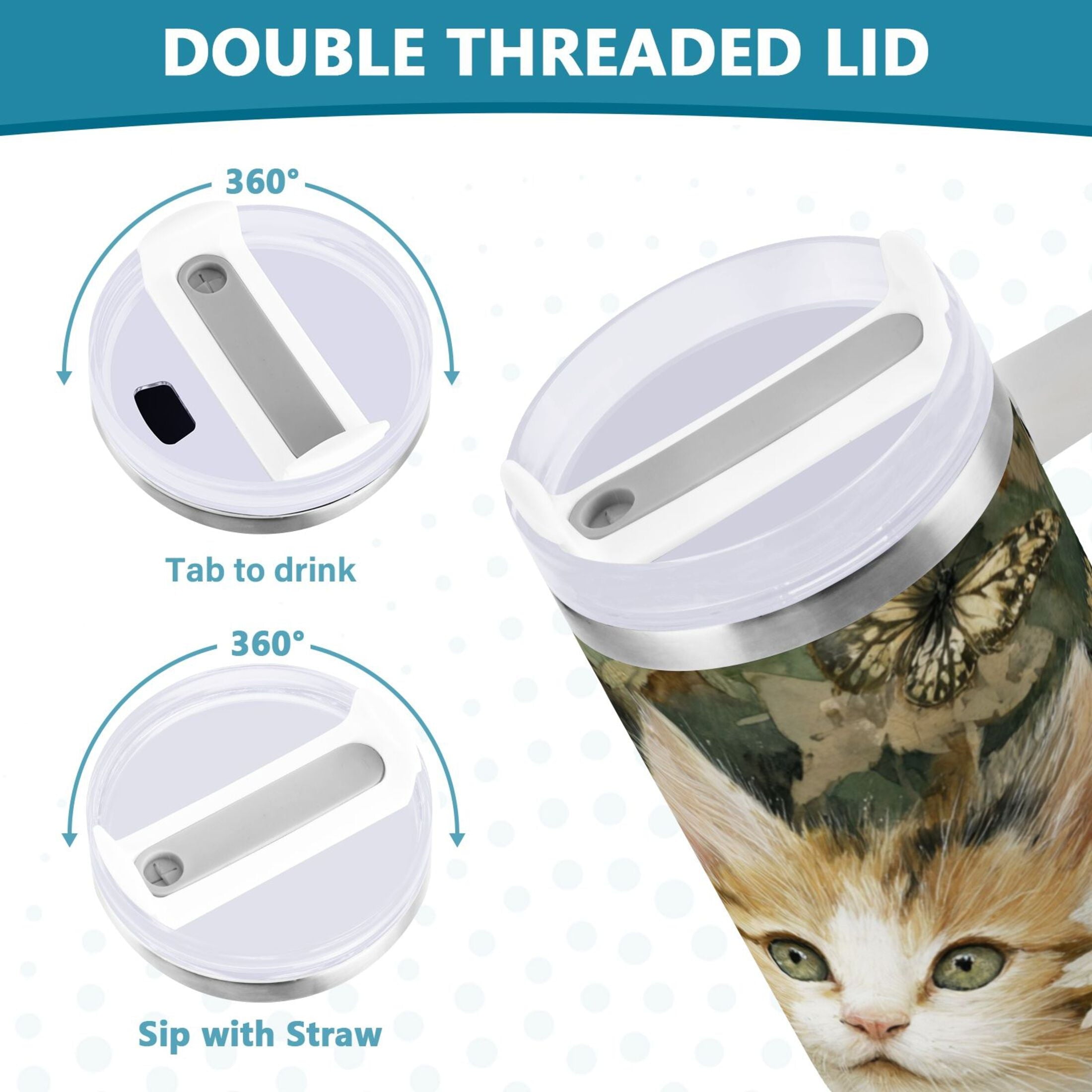 30 oz Insulated Stainless Steel Tumbler Double Wall Stainless Steel Tumbler with 2-Way Drinking Adorable Cats and Daisies