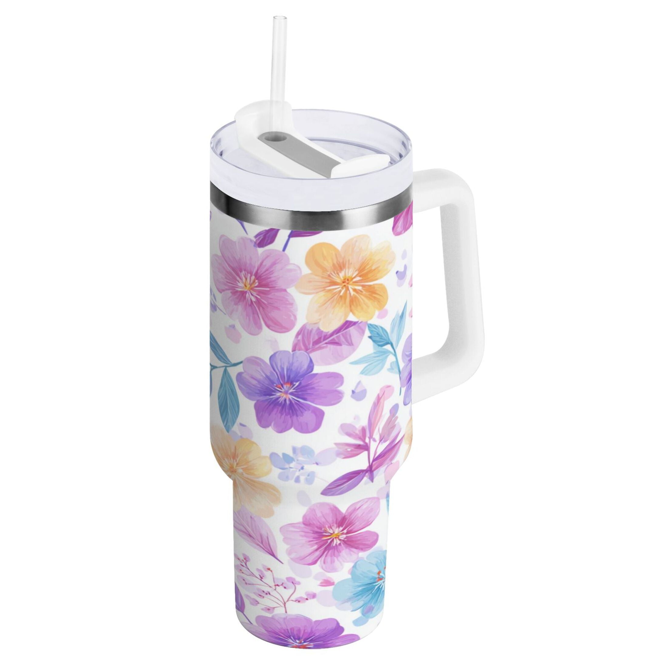 30 oz Insulated Stainless Steel Tumbler Double Wall Stainless Steel Tumbler with 2-Way Drinking Pink and Purple Flowers