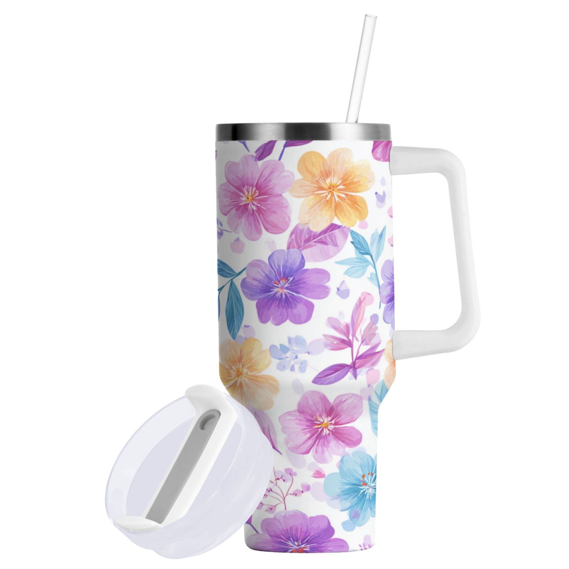 30 oz Insulated Stainless Steel Tumbler Double Wall Stainless Steel Tumbler with 2-Way Drinking Pink and Purple Flowers