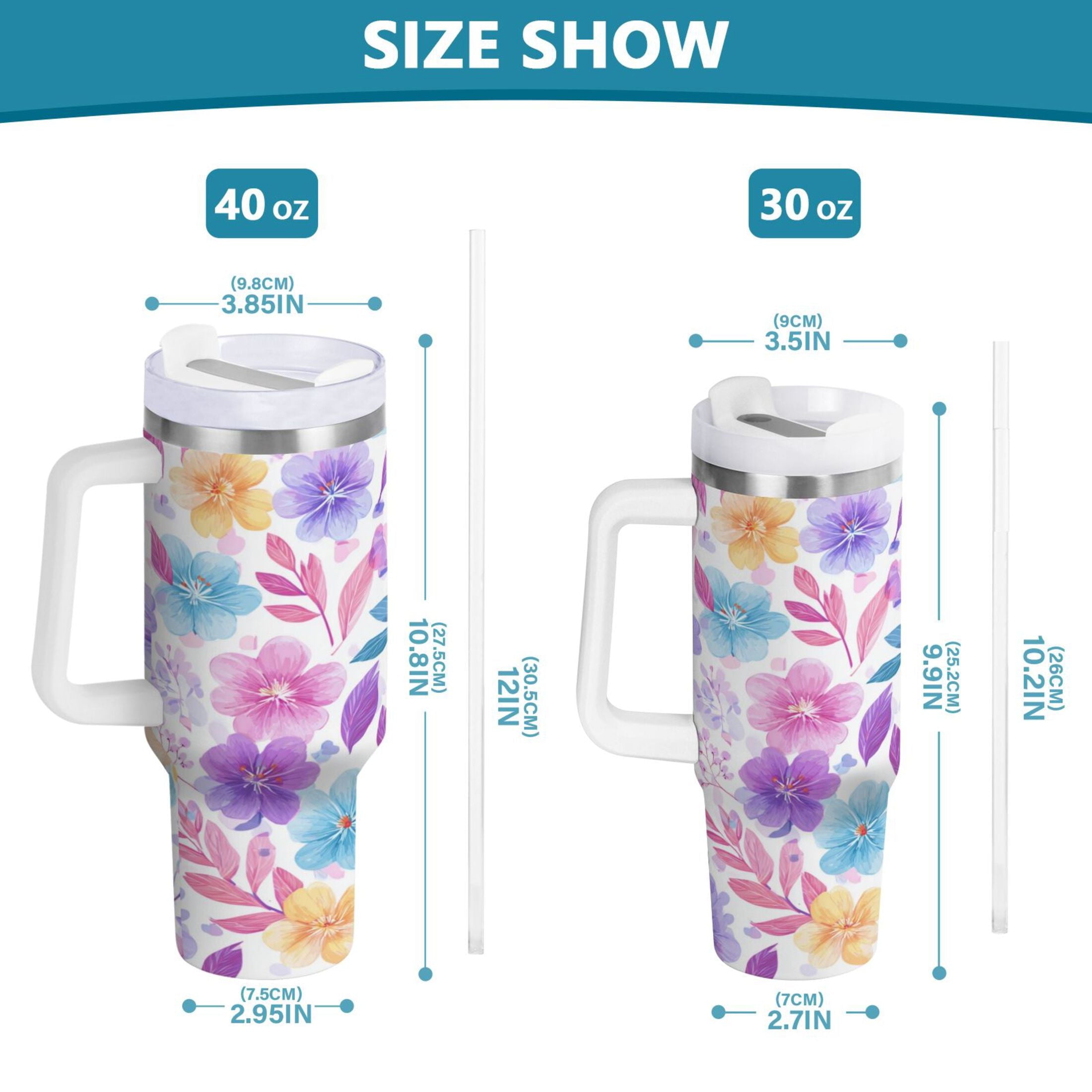 30 oz Insulated Stainless Steel Tumbler Double Wall Stainless Steel Tumbler with 2-Way Drinking Pink and Purple Flowers