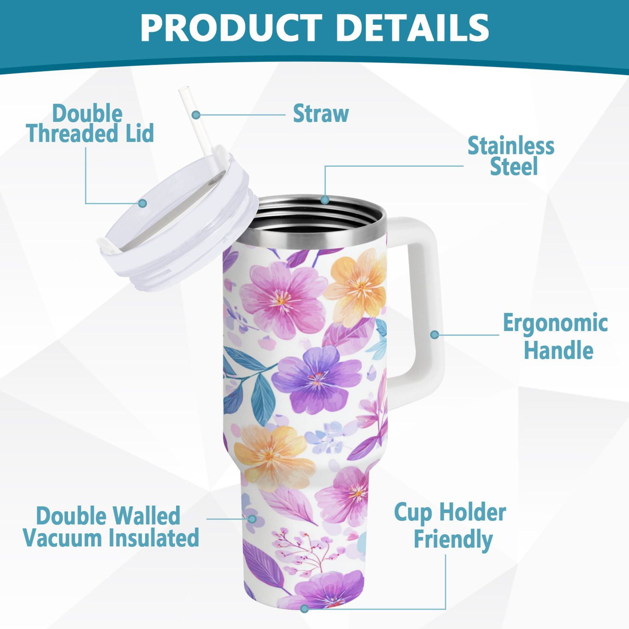 30 oz Insulated Stainless Steel Tumbler Double Wall Stainless Steel Tumbler with 2-Way Drinking Pink and Purple Flowers