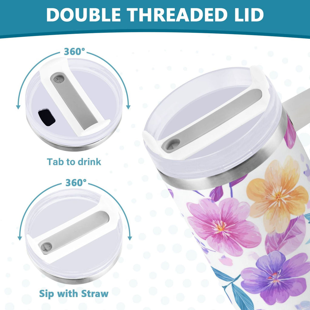 30 oz Insulated Stainless Steel Tumbler Double Wall Stainless Steel Tumbler with 2-Way Drinking Pink and Purple Flowers