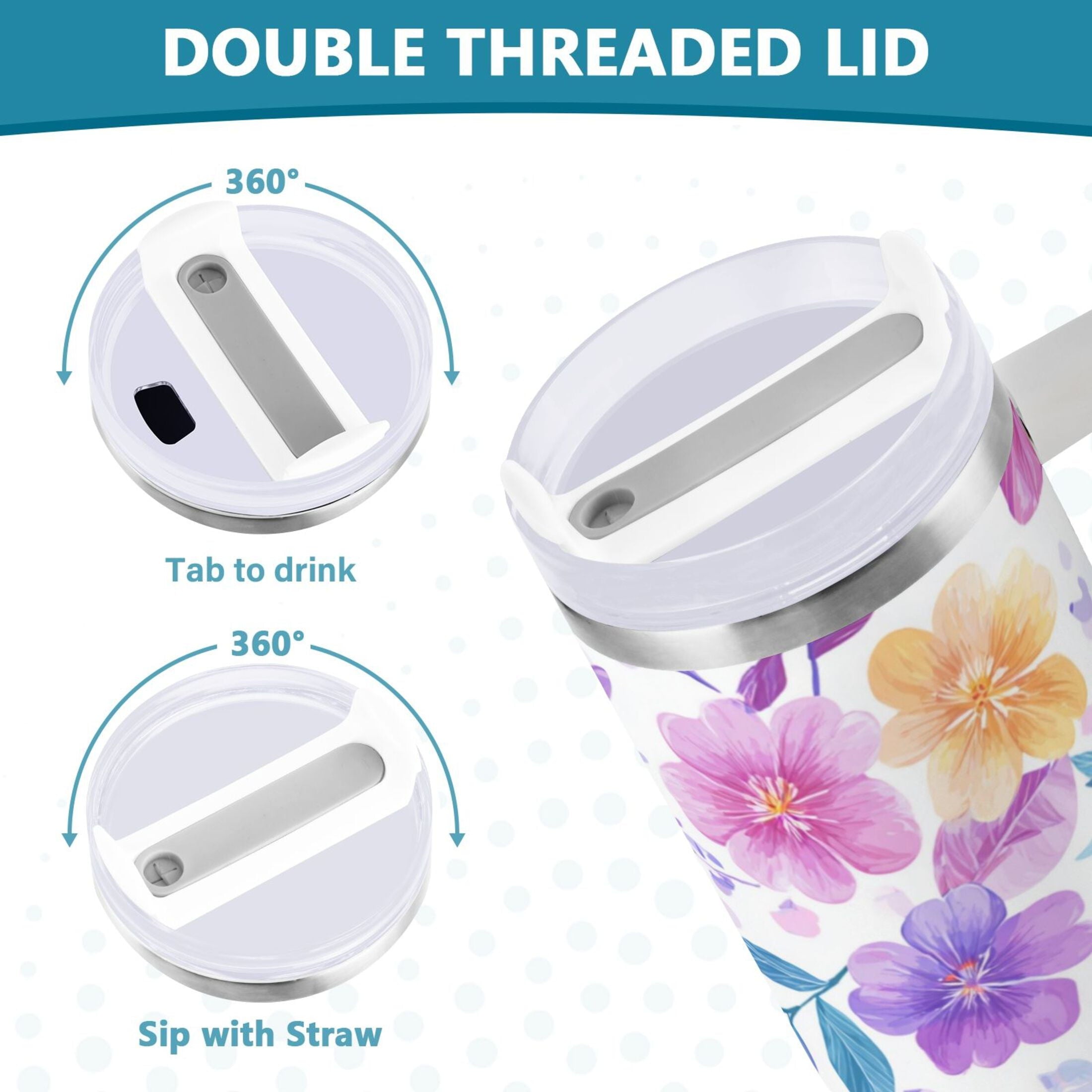30 oz Insulated Stainless Steel Tumbler Double Wall Stainless Steel Tumbler with 2-Way Drinking Pink and Purple Flowers
