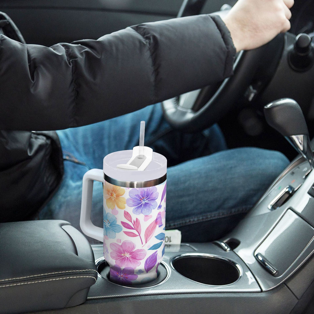 30 oz Insulated Stainless Steel Tumbler Double Wall Stainless Steel Tumbler with 2-Way Drinking Pink and Purple Flowers
