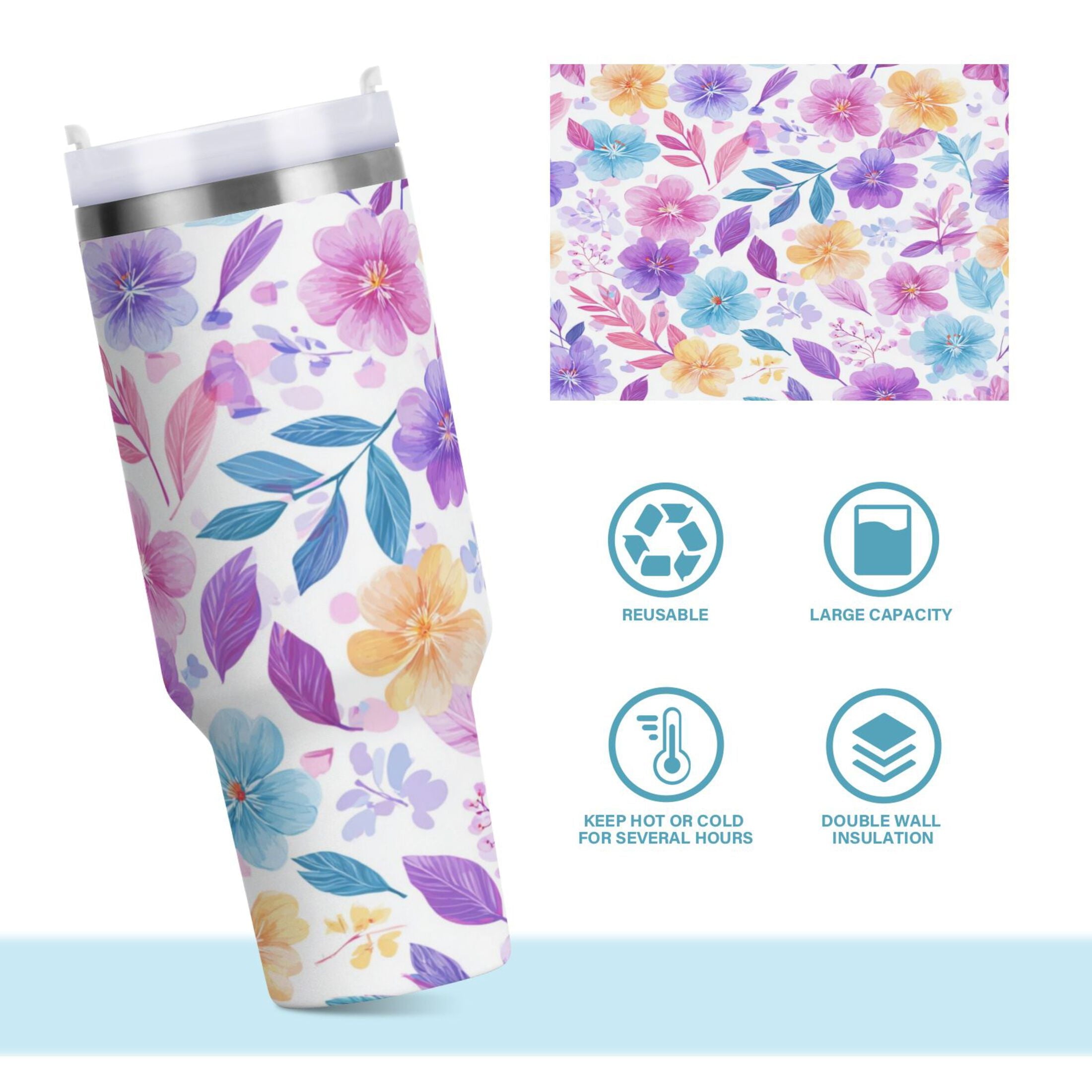 30 oz Insulated Stainless Steel Tumbler Double Wall Stainless Steel Tumbler with 2-Way Drinking Pink and Purple Flowers
