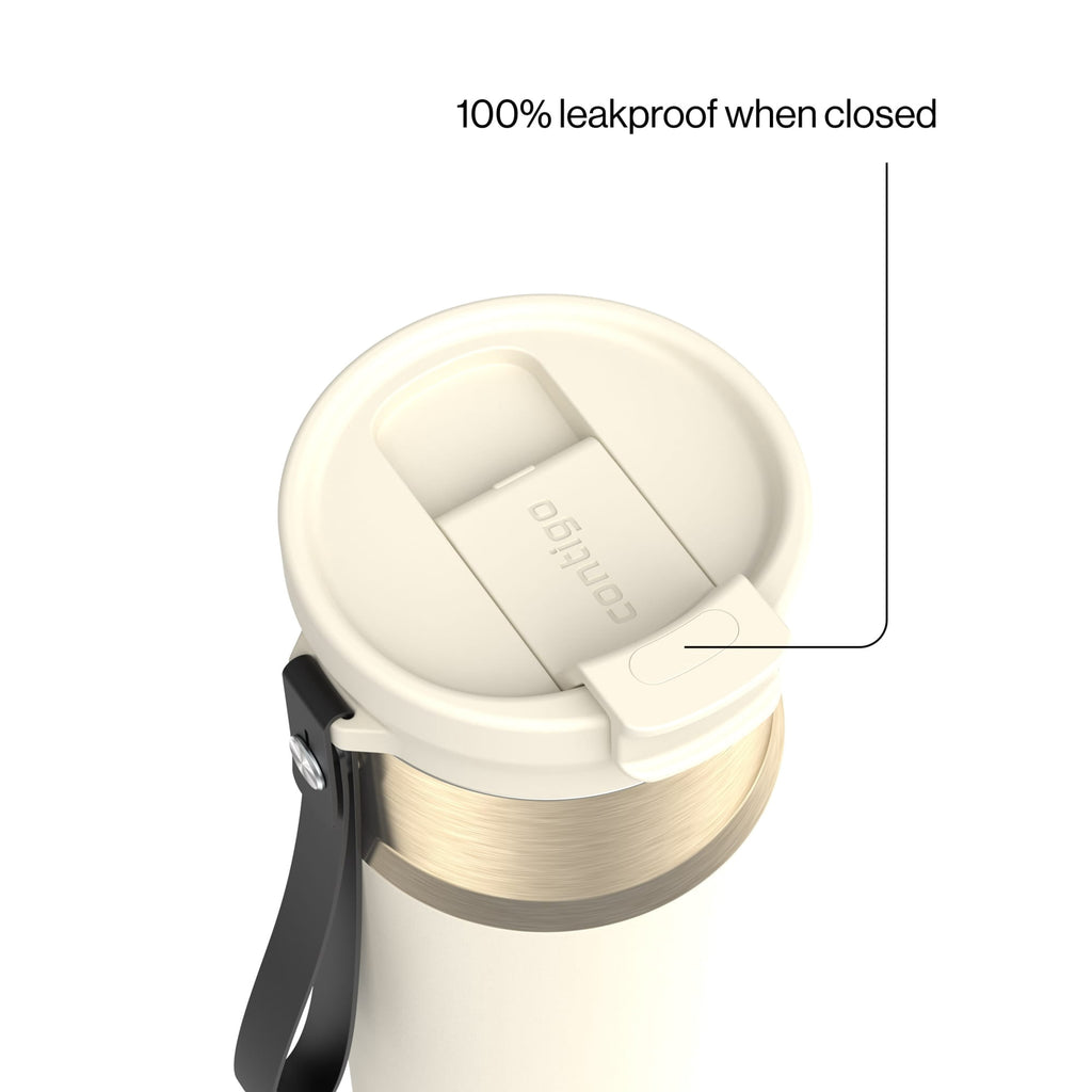 Contigo DualSip Leakproof Stainless Steel Reusable Water Bottle Tumbler with Carrying Strap, Cream/Champagne, 24 oz