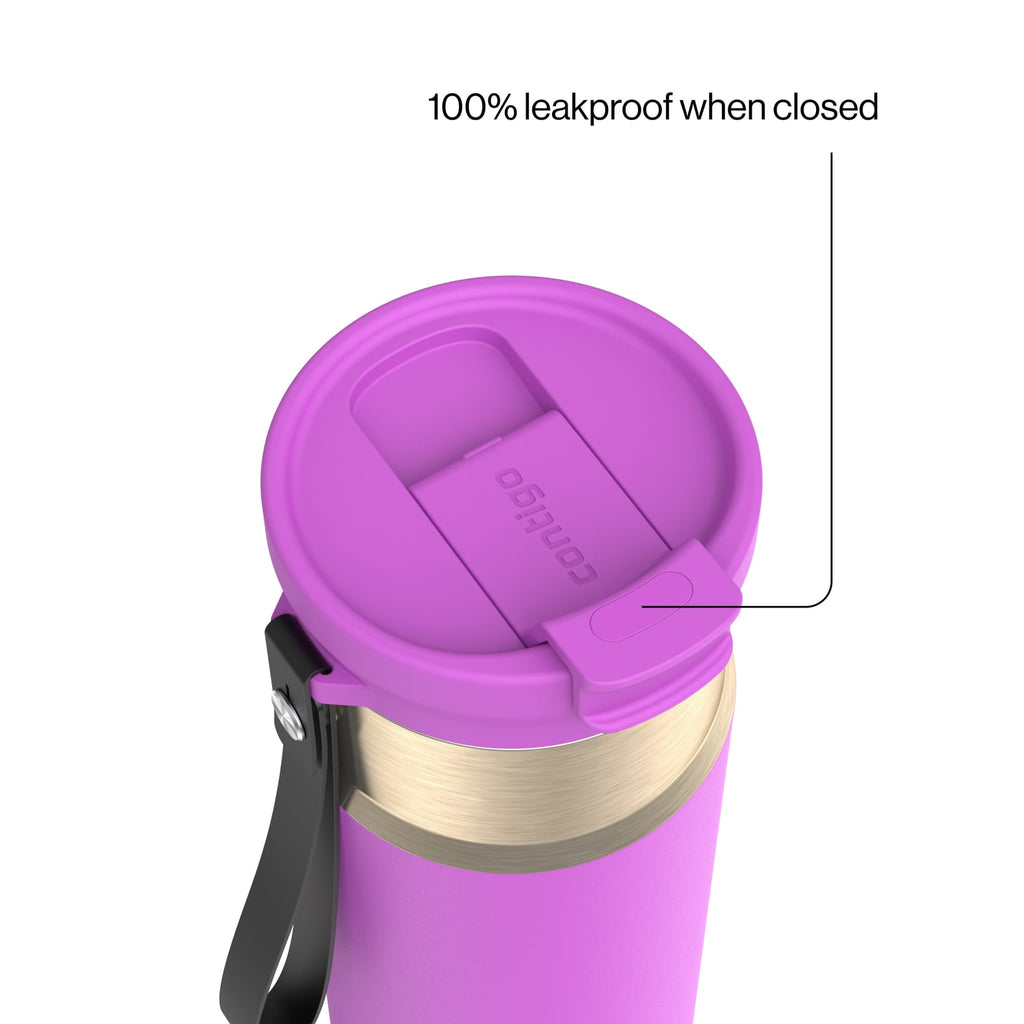 Contigo DualSip Leakproof Stainless Steel Reusable Water Bottle Tumbler with Carrying Strap, Cream/Champagne, 24 oz