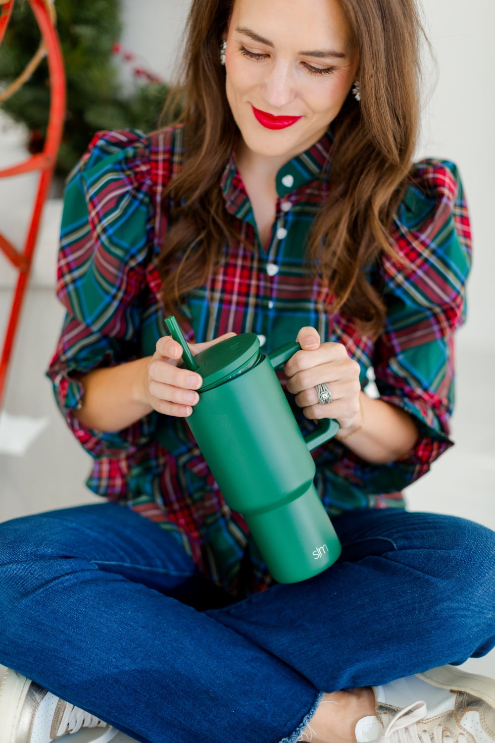 Simple Modern 30 fl oz Insulated Stainless Steel Trek Tumbler with Straw Lid | Seaglass Sage and Cream Checkmate