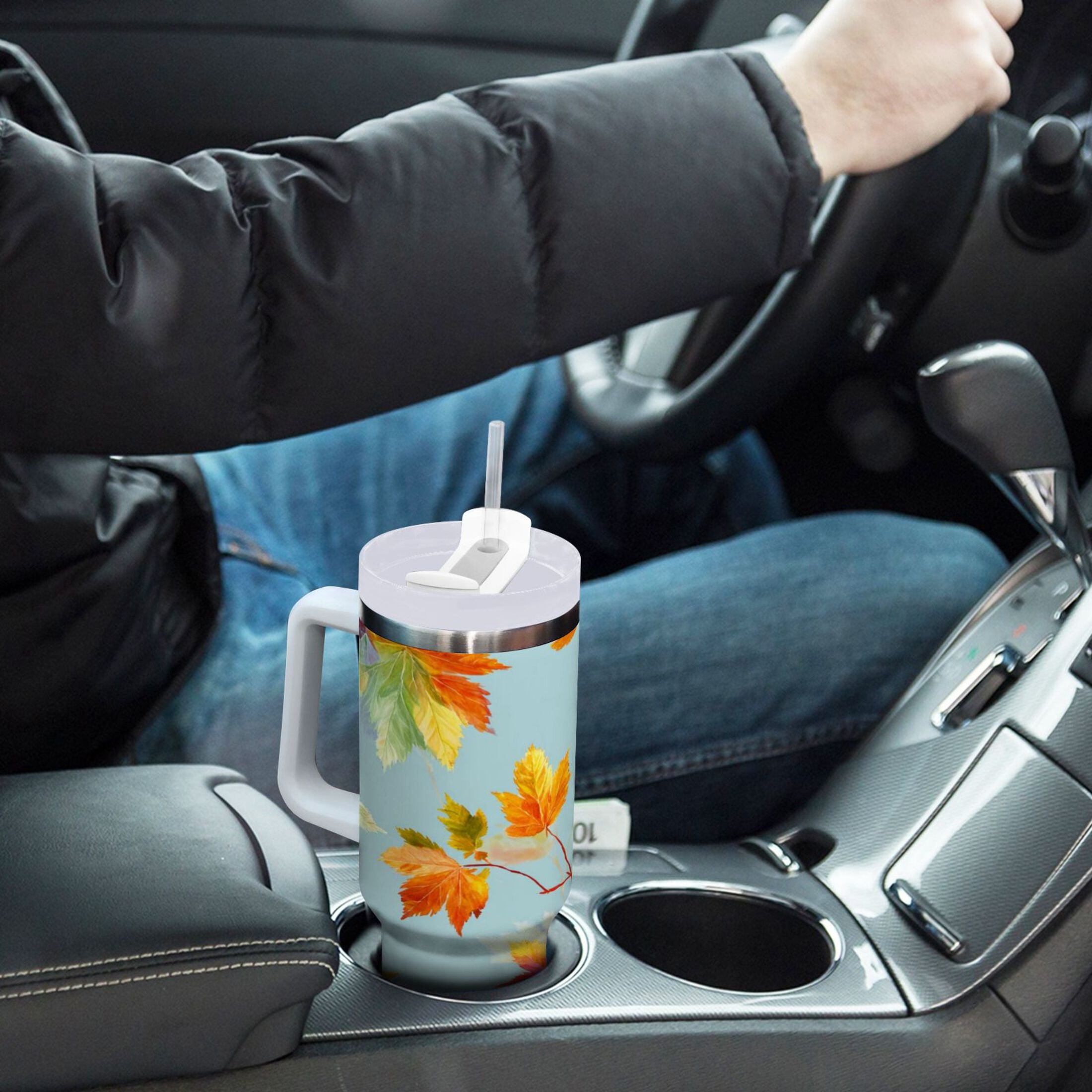 30 oz Insulated Stainless Steel Tumbler Double Wall Stainless Steel Tumbler with 2-Way Drinking Colorful Autumn Maple Leaves