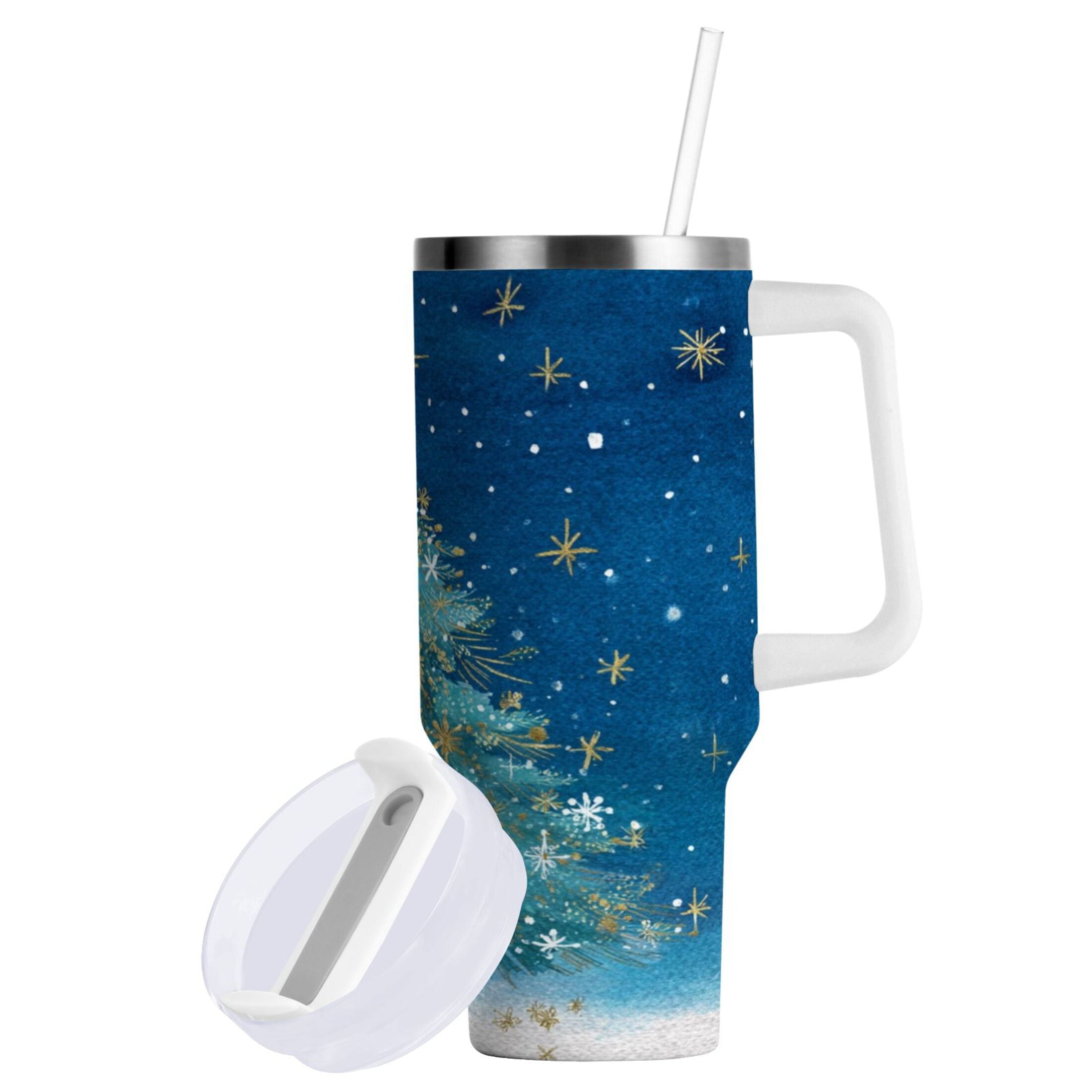 40 oz Insulated Stainless Steel Tumbler Double Wall Stainless Steel Tumbler with 2-Way Drinking Watercolor Christmas Tree