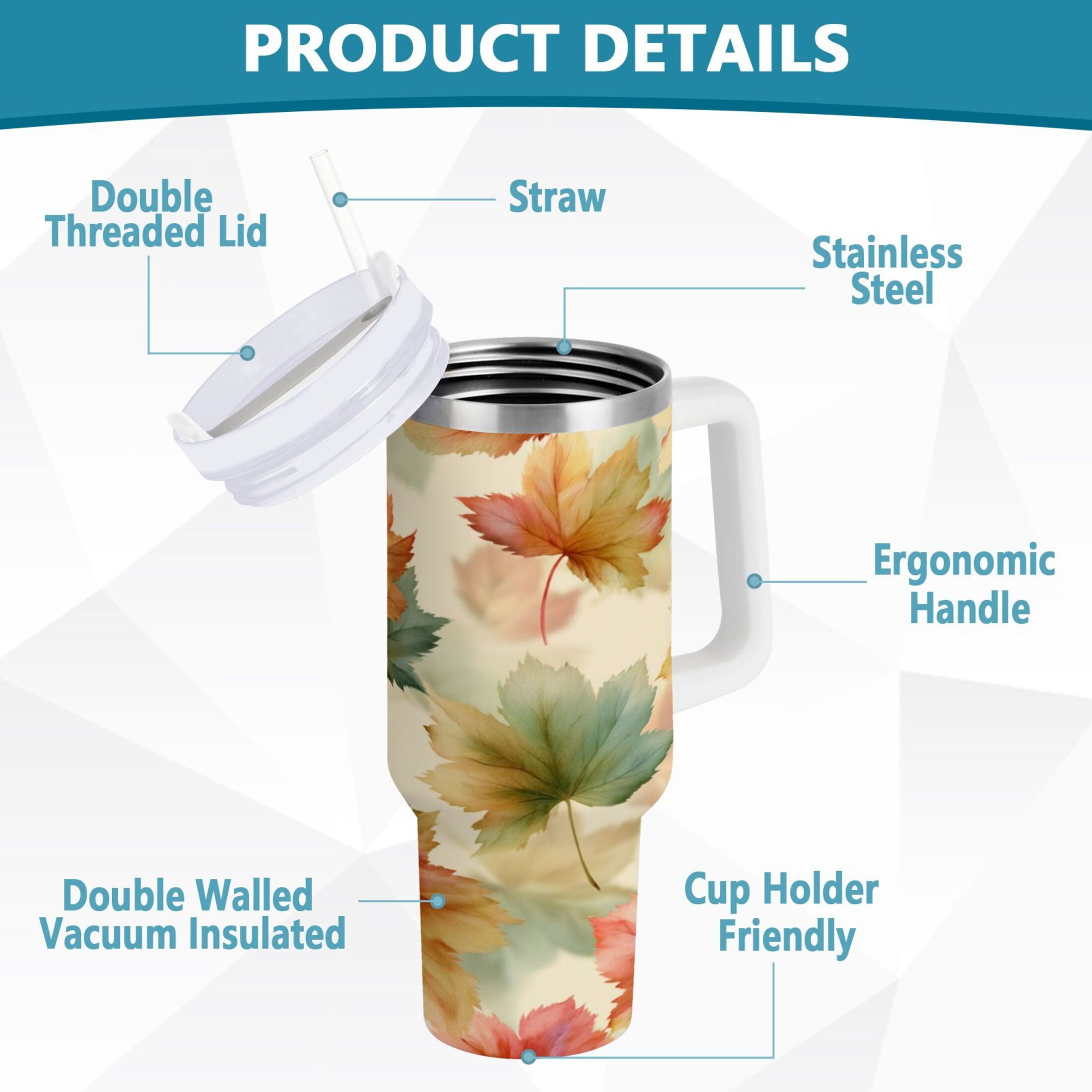 40 oz Insulated Stainless Steel Tumbler Double Wall Stainless Steel Tumbler with 2-Way Drinking Watercolor Maple Leaves Pattern