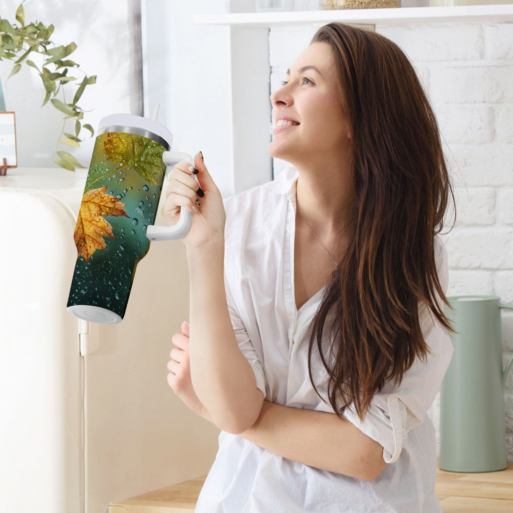 30 oz Insulated Stainless Steel Tumbler Double Wall Stainless Steel Tumbler with 2-Way Drinking Leaves with Water Droplets
