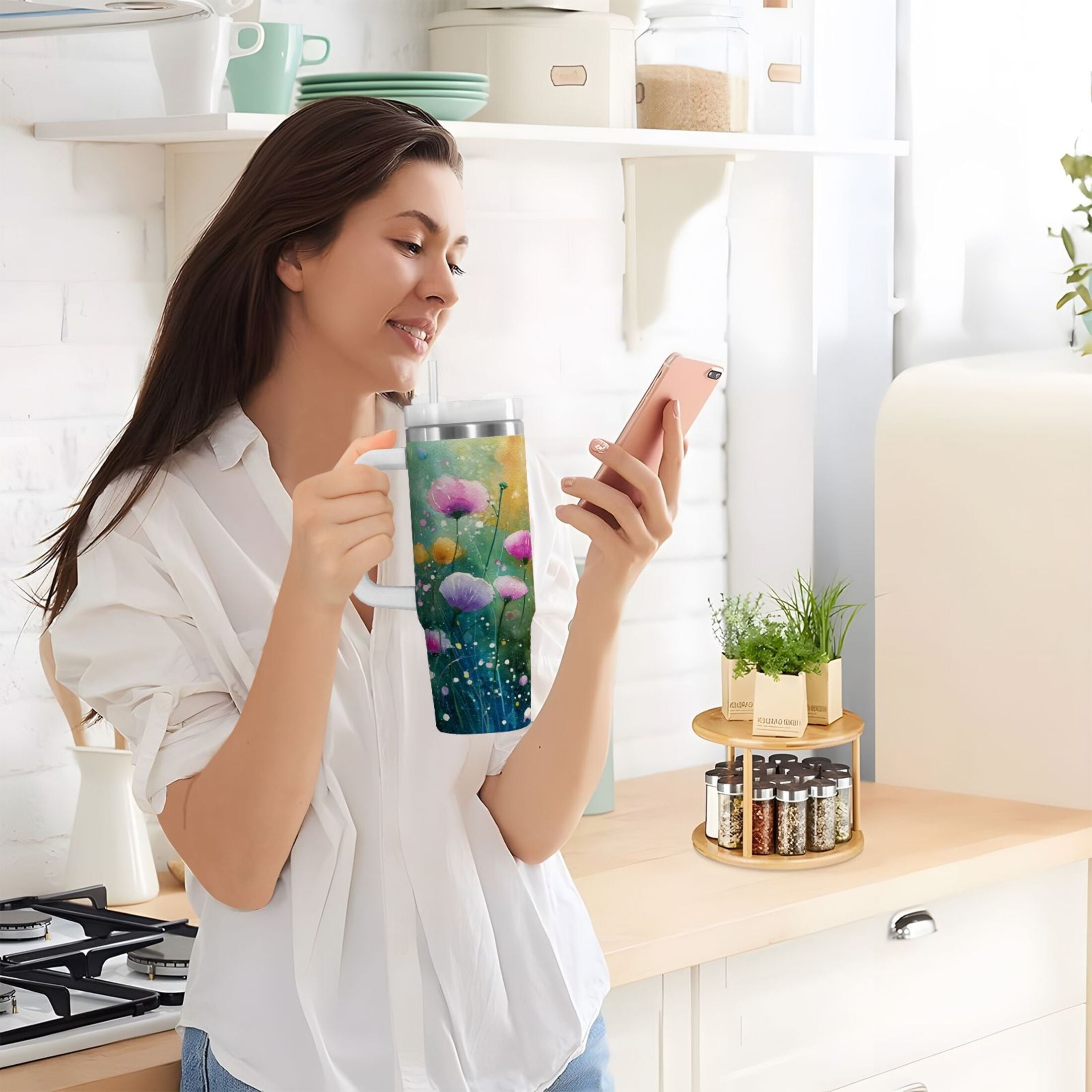 30 oz Insulated Stainless Steel Tumbler Double Wall Stainless Steel Tumbler with 2-Way Drinking Watercolor Wildflowers