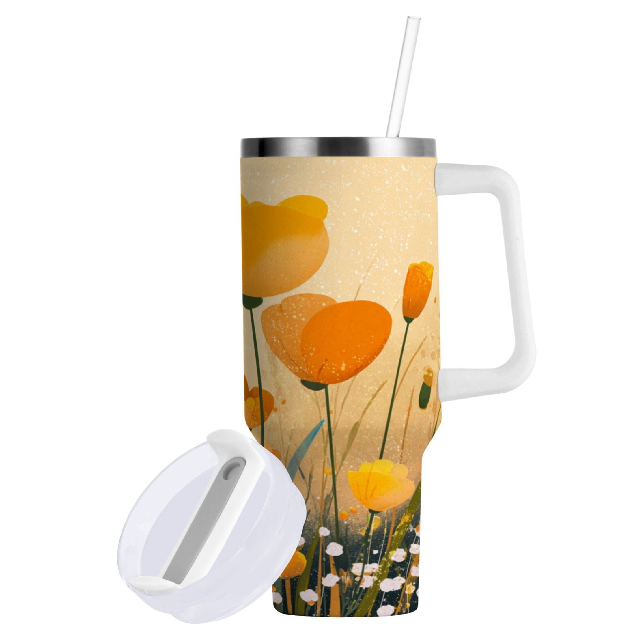 30 oz Insulated Stainless Steel Tumbler Double Wall Stainless Steel Tumbler with 2-Way Drinking Yellow Flowers on The Grass