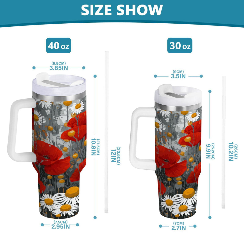 40 oz Insulated Stainless Steel Tumbler Double Wall Stainless Steel Tumbler with 2-Way Drinking Red Flowers and Daisies