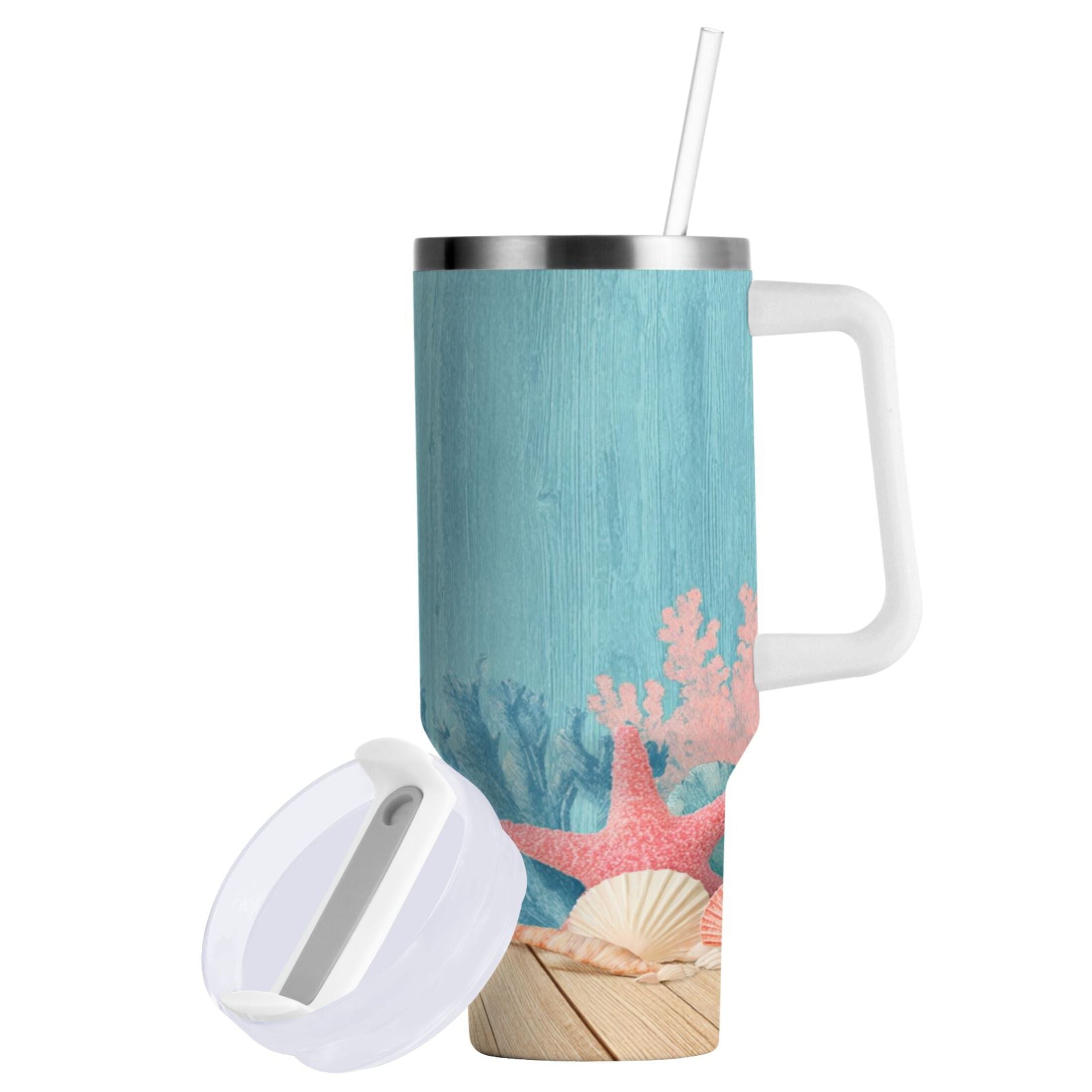 40 oz Insulated Stainless Steel Tumbler Double Wall Stainless Steel Tumbler with 2-Way Drinking Colorful Starfish and Seashells
