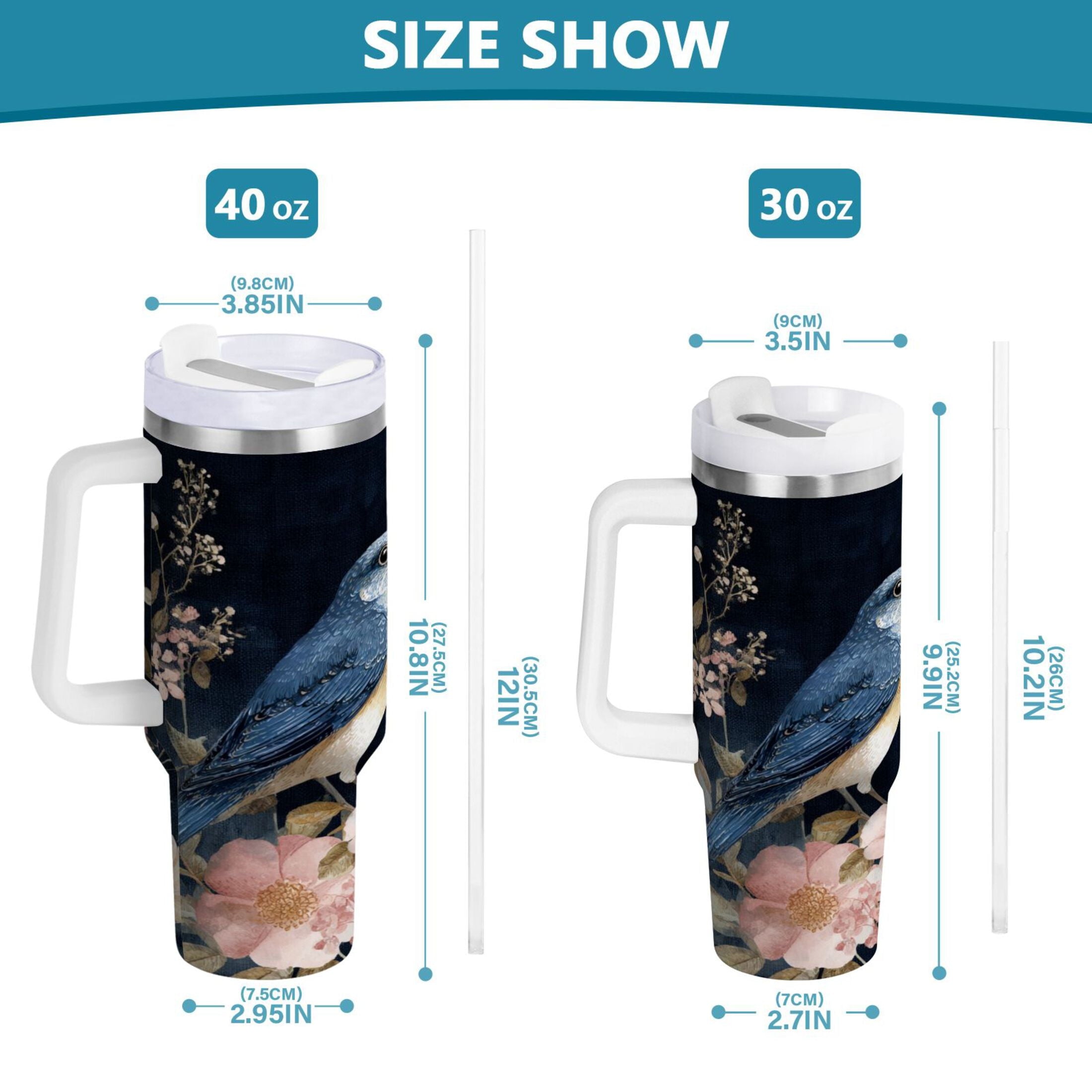 30 oz Insulated Stainless Steel Tumbler Double Wall Stainless Steel Tumbler with 2-Way Drinking Watercolor Vintage Blue Bird