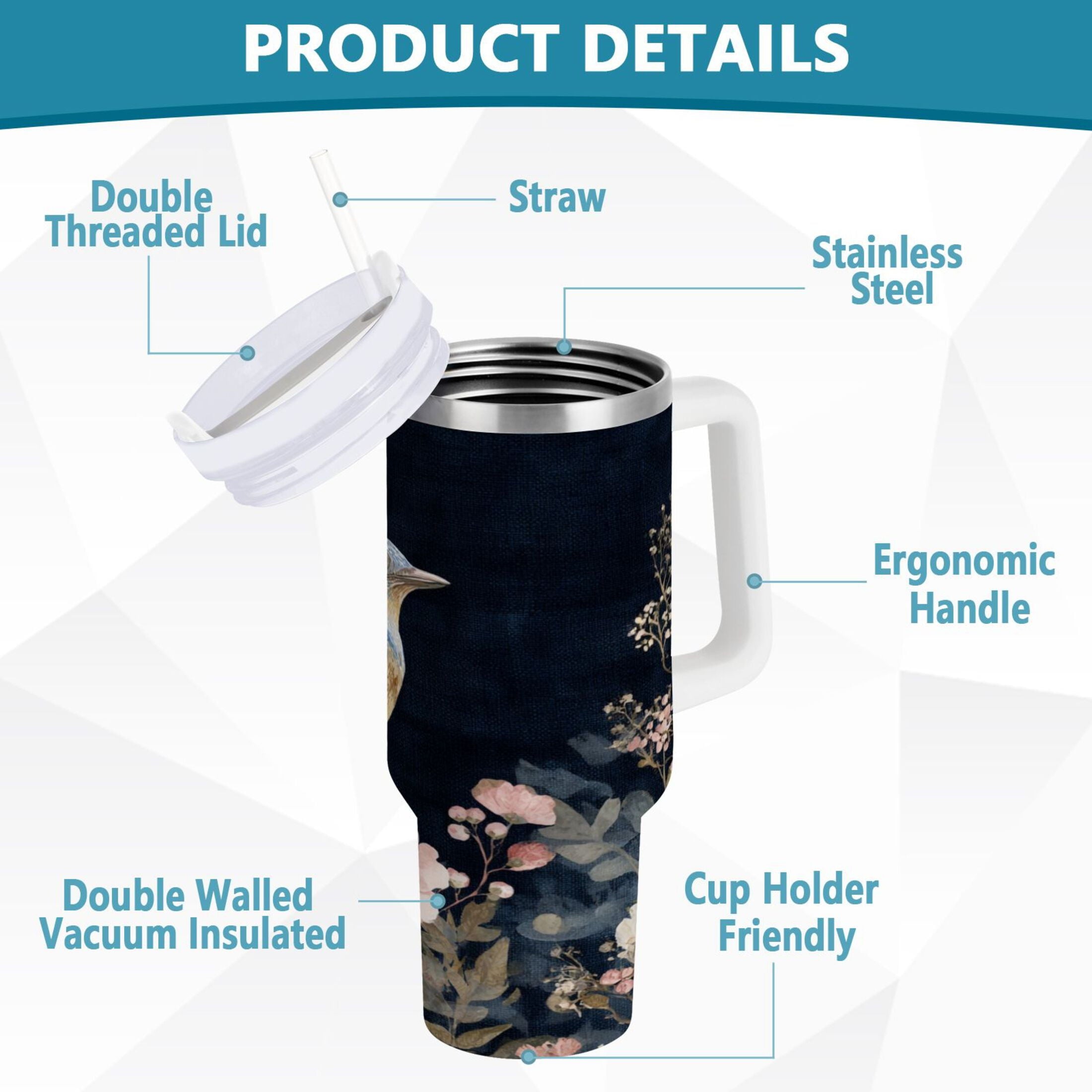 30 oz Insulated Stainless Steel Tumbler Double Wall Stainless Steel Tumbler with 2-Way Drinking Watercolor Vintage Blue Bird