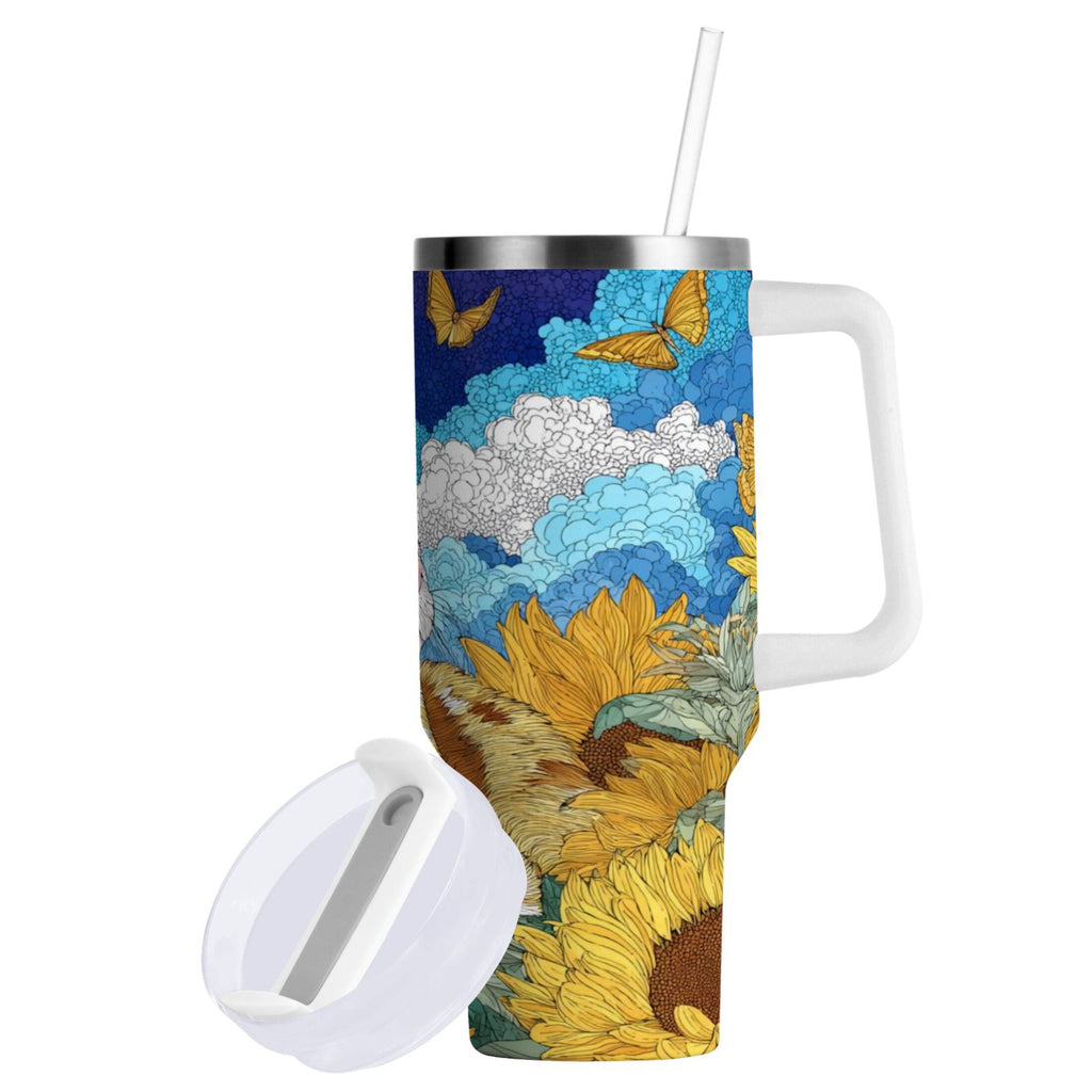40 oz Insulated Stainless Steel Tumbler Double Wall Stainless Steel Tumbler with 2-Way Drinking Cat Lies in The Sunflowers