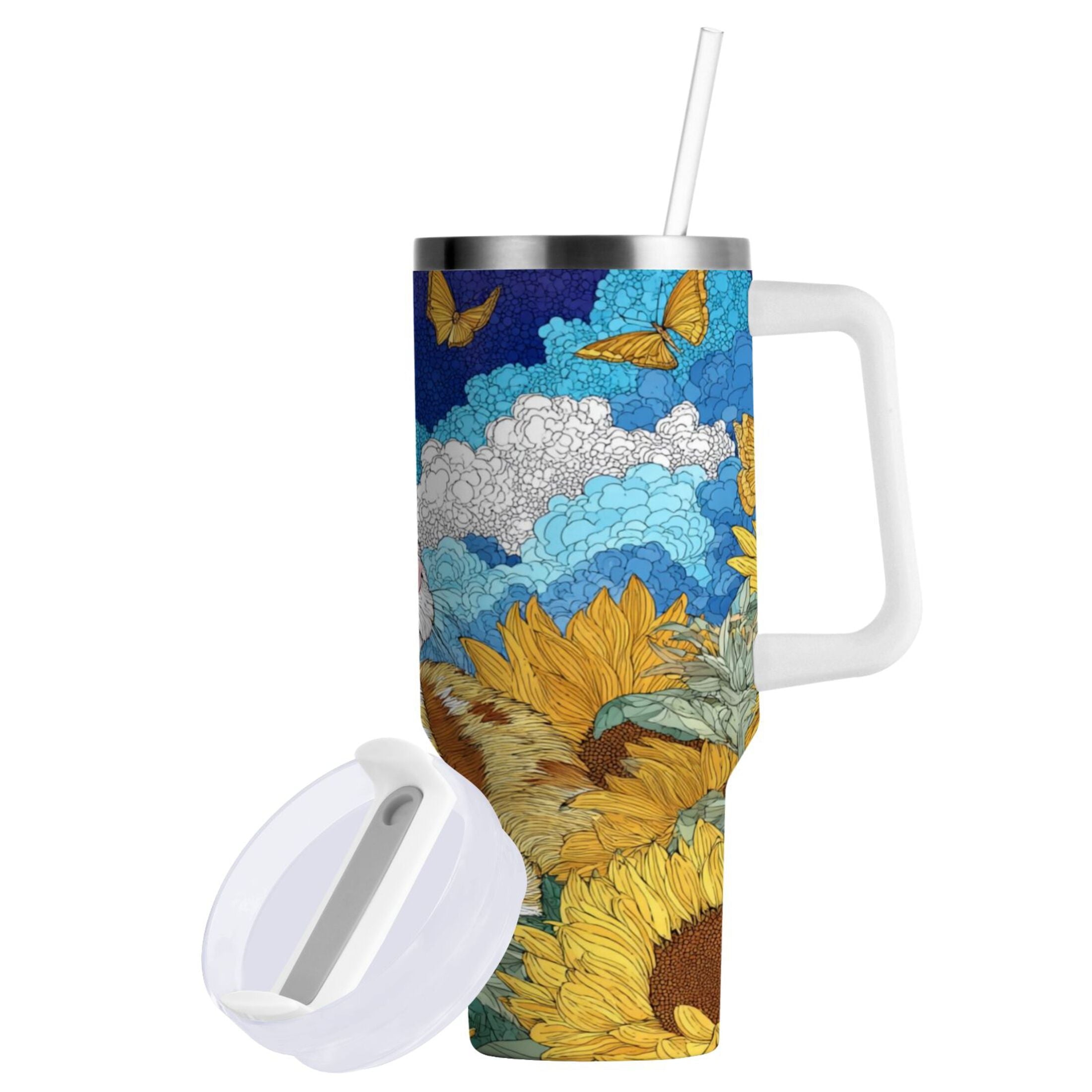 40 oz Insulated Stainless Steel Tumbler Double Wall Stainless Steel Tumbler with 2-Way Drinking Cat Lies in The Sunflowers