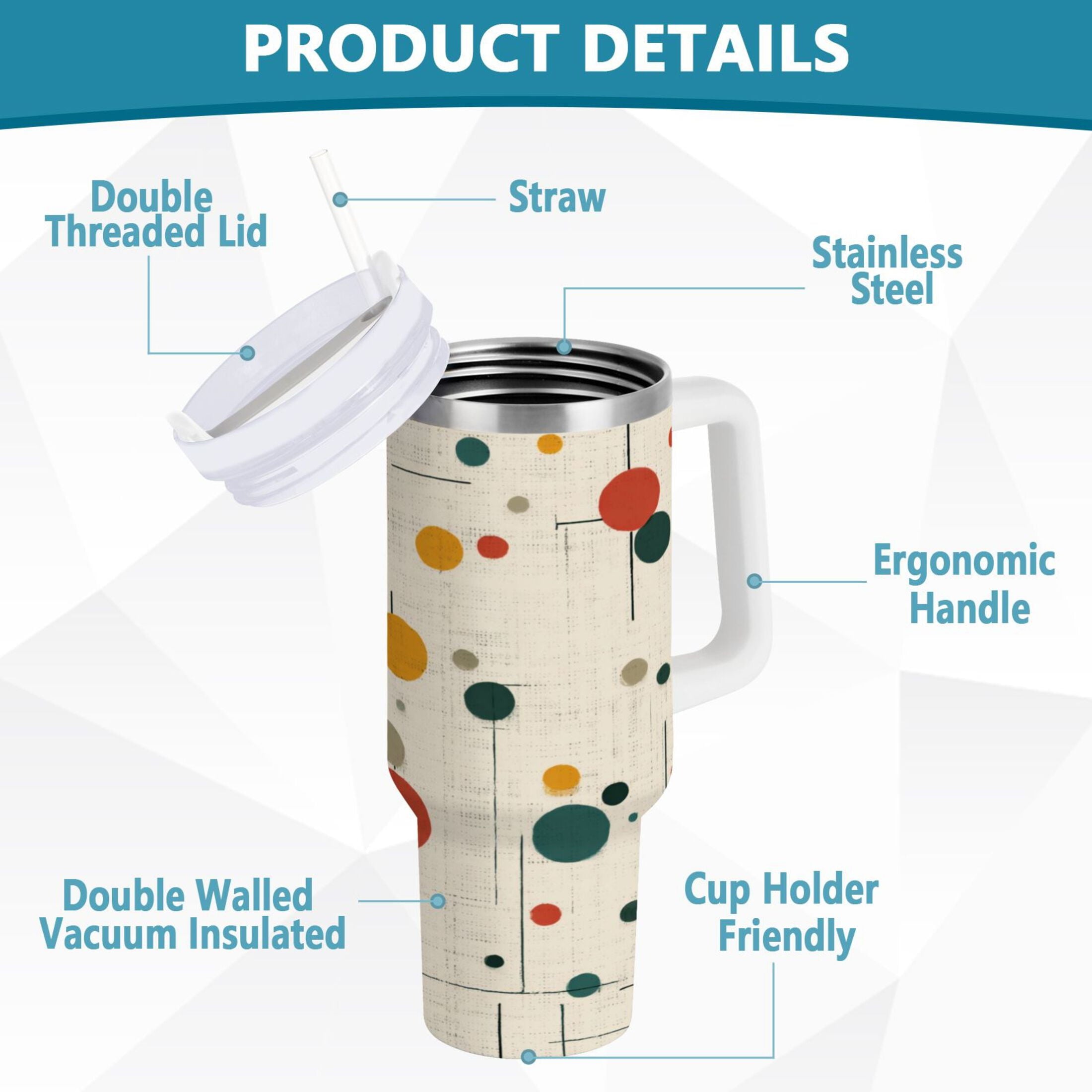 30 oz Insulated Stainless Steel Tumbler Double Wall Stainless Steel Tumbler with 2-Way Drinking Colorful Dots and Lines