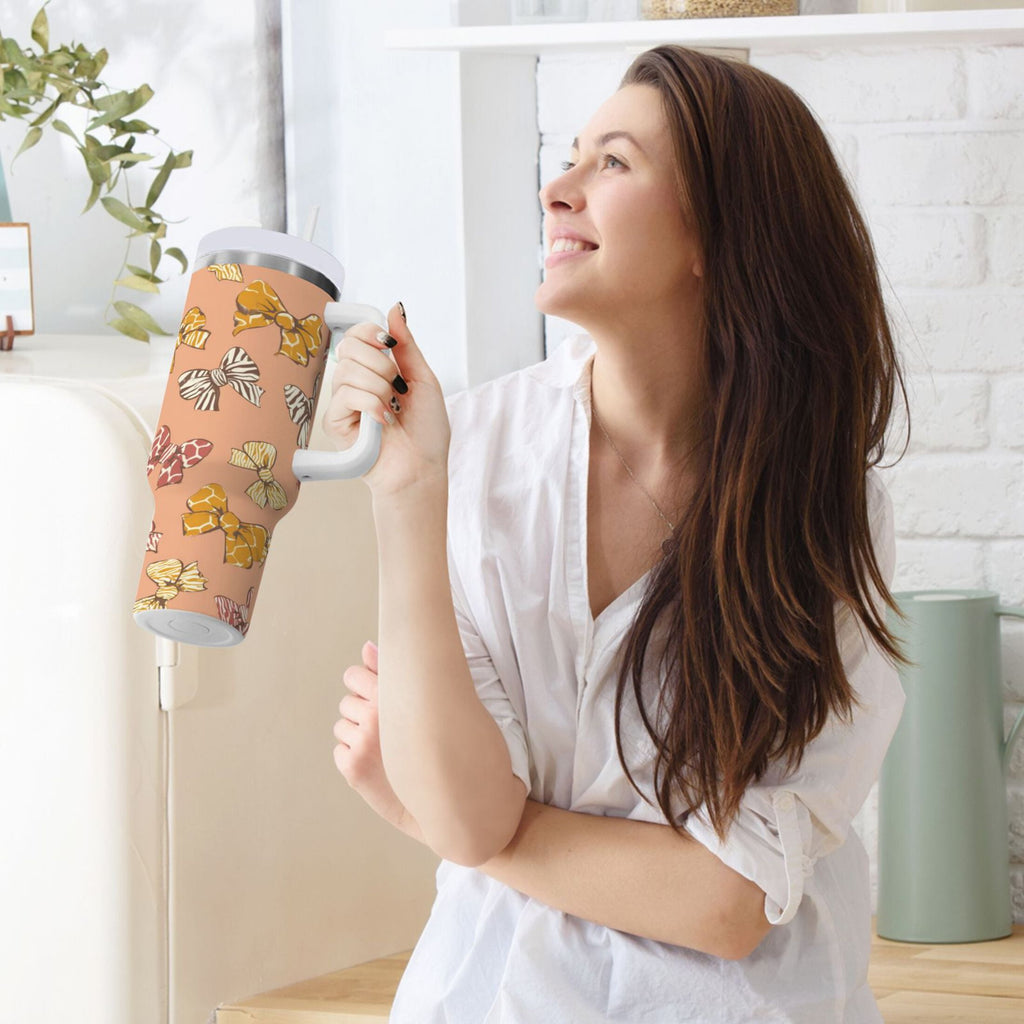 40 oz Insulated Stainless Steel Tumbler Double Wall Stainless Steel Tumbler with 2-Way Drinking Cute Animal Print Bows