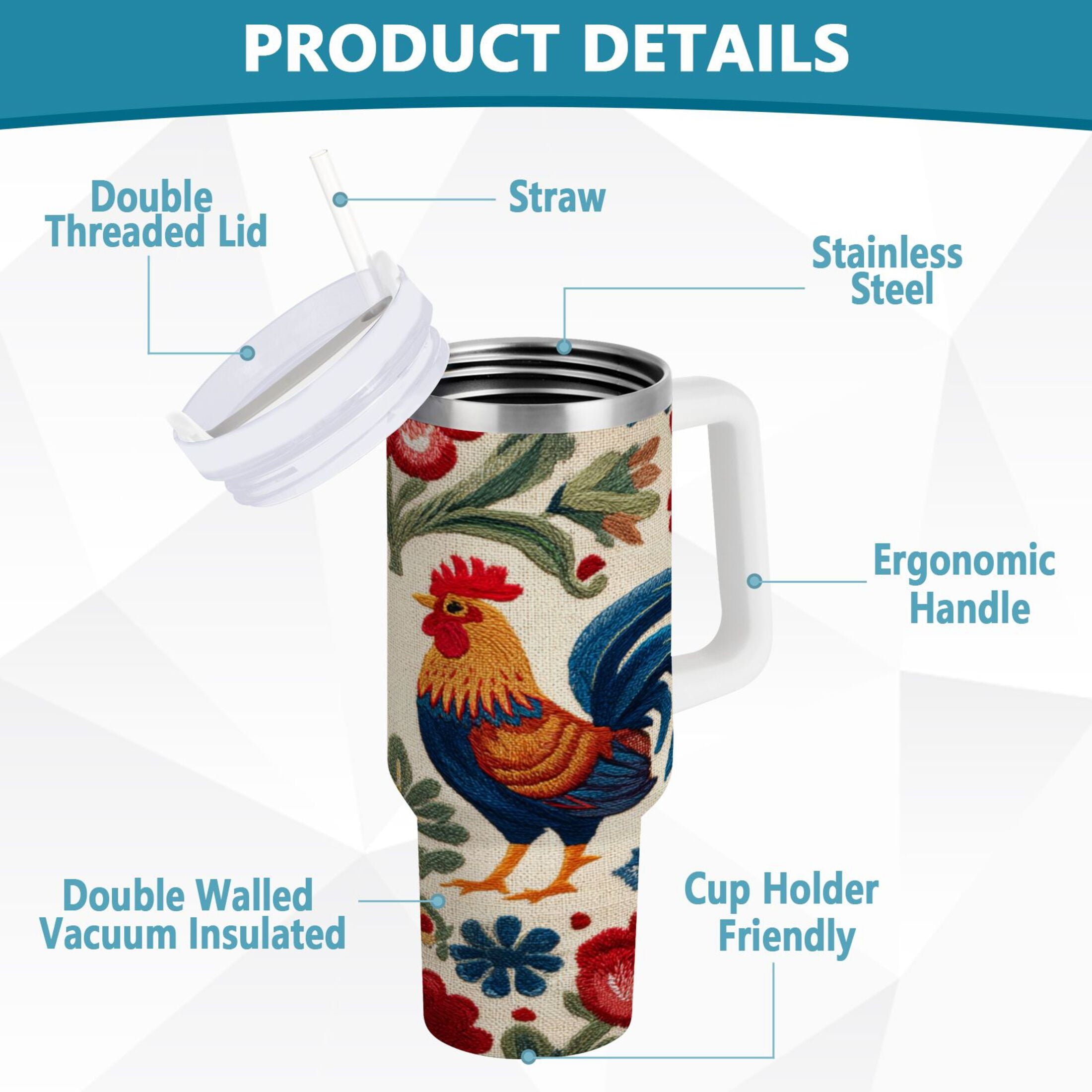 40 oz Insulated Stainless Steel Tumbler Double Wall Stainless Steel Tumbler with 2-Way Drinking Male and Female Chickens