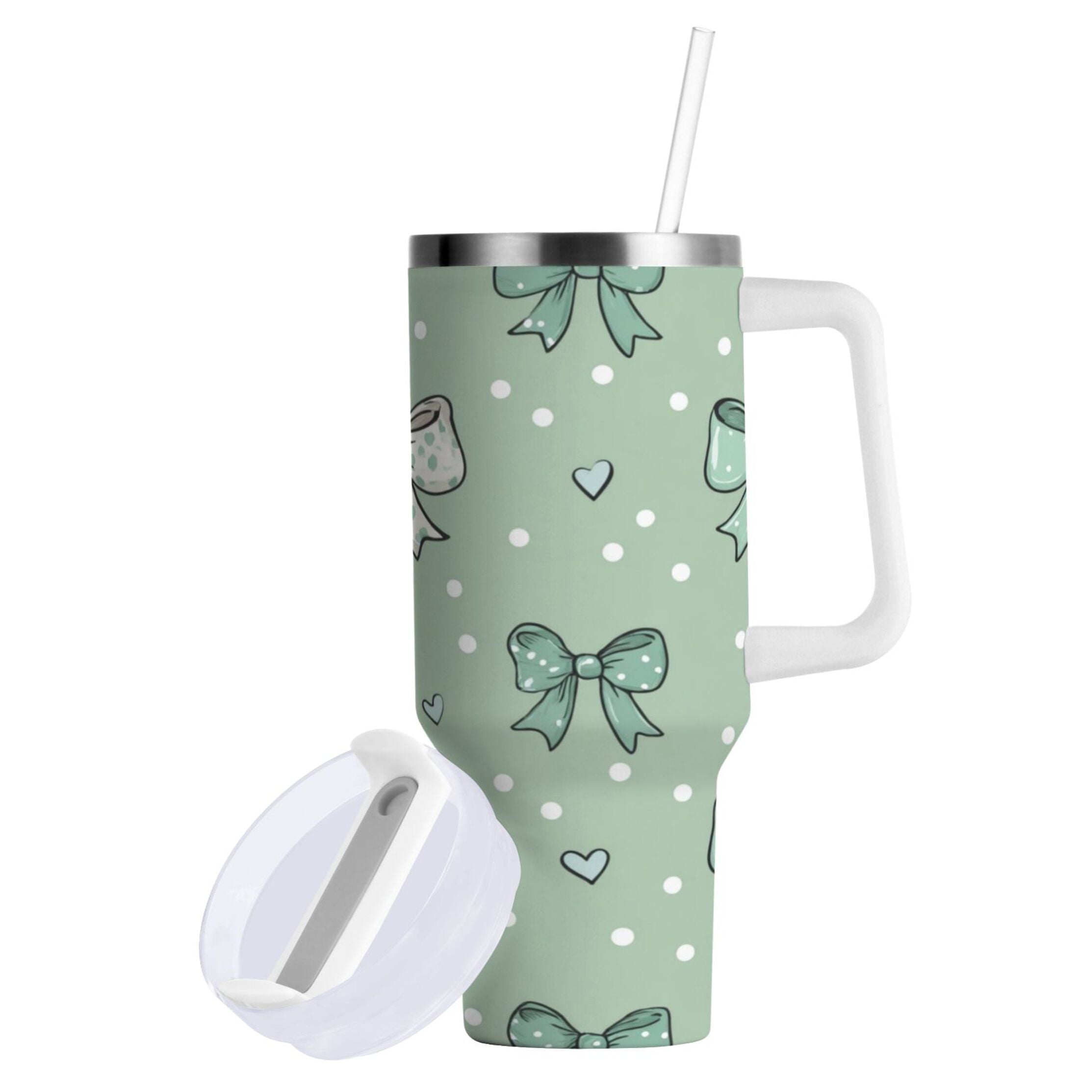 30 oz Insulated Stainless Steel Tumbler Double Wall Stainless Steel Tumbler with 2-Way Drinking Green and Mint Bows