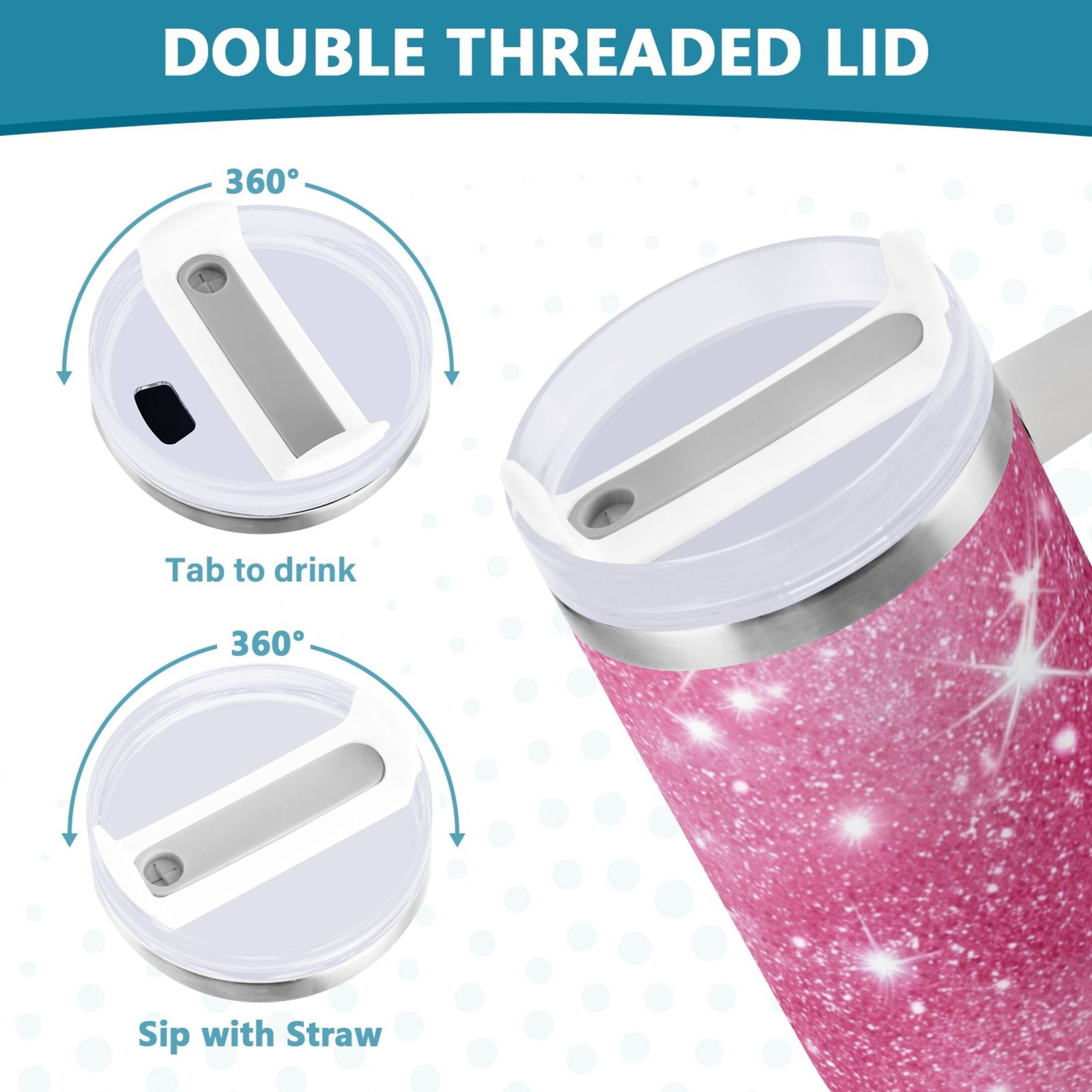 40 oz Insulated Stainless Steel Tumbler Double Wall Stainless Steel Tumbler with 2-Way Drinking Pink Glitter Background