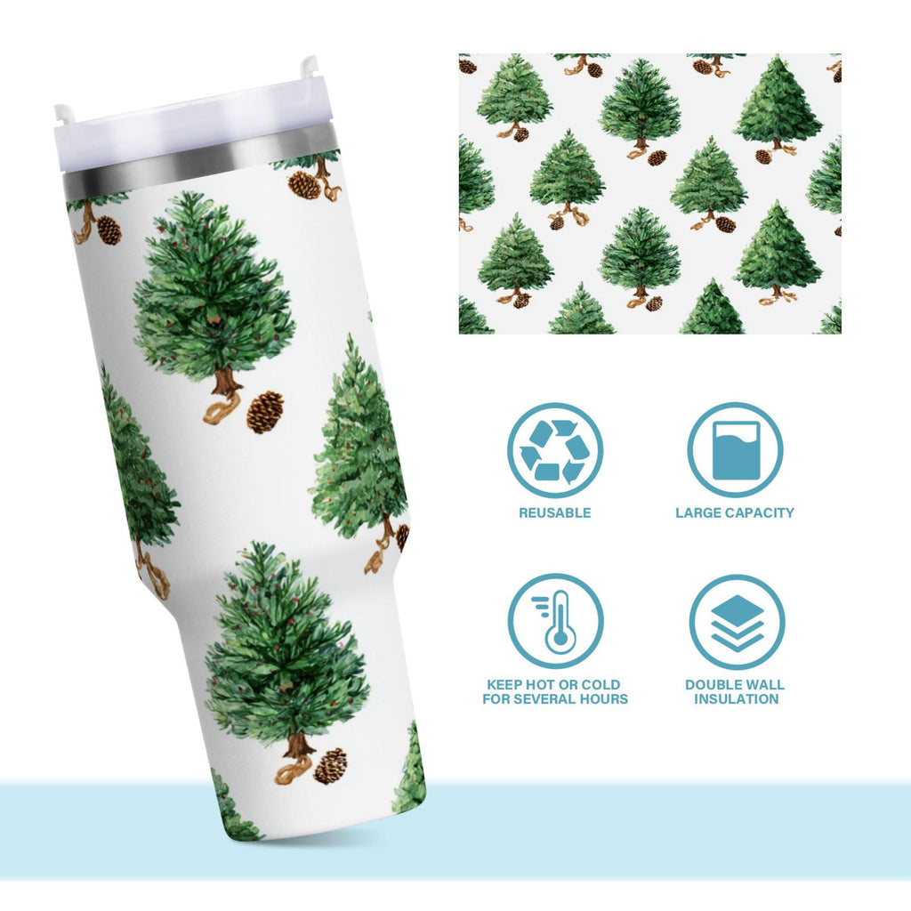 30 oz Insulated Stainless Steel Tumbler Double Wall Stainless Steel Tumbler with 2-Way Drinking Watercolor Green Christmas Tree