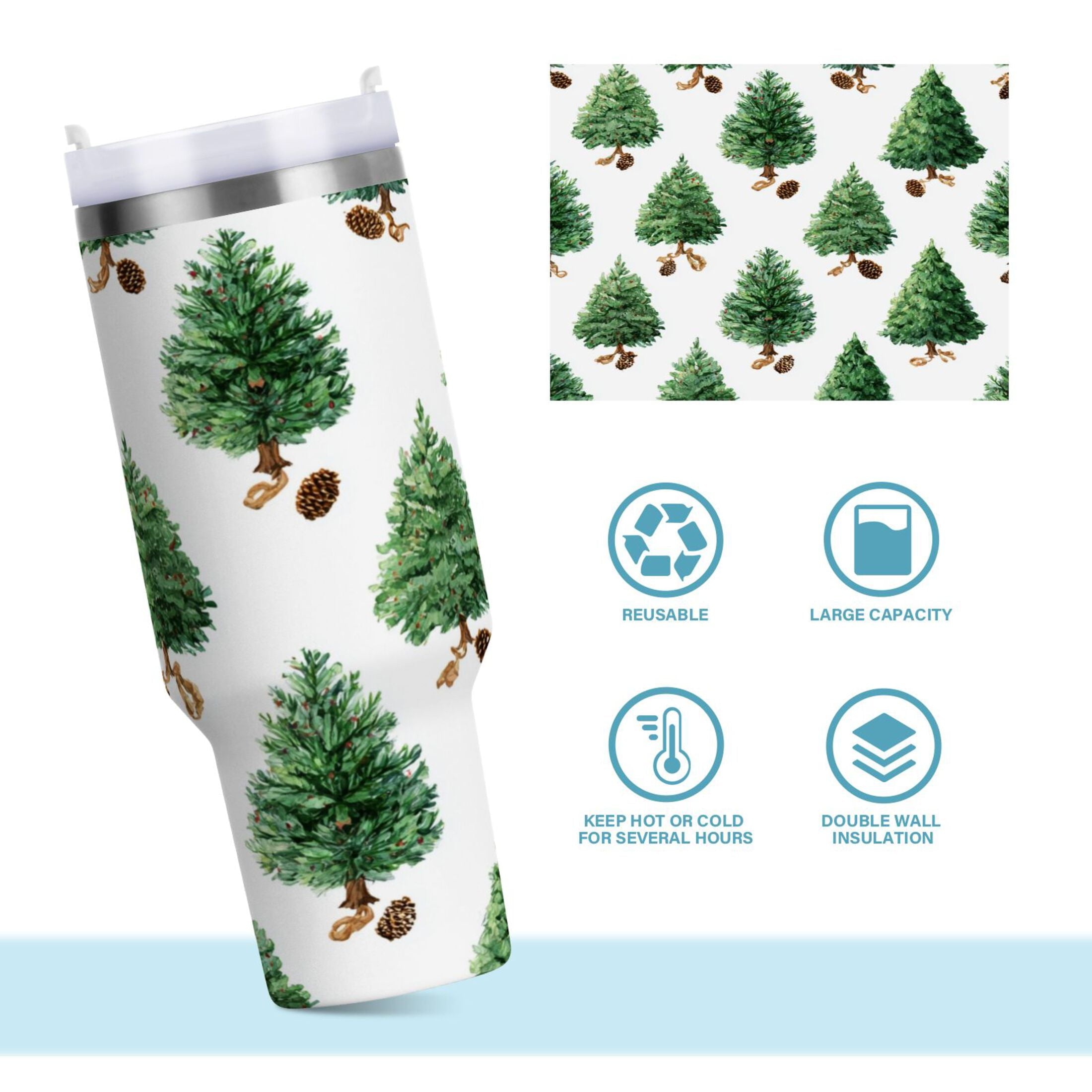 30 oz Insulated Stainless Steel Tumbler Double Wall Stainless Steel Tumbler with 2-Way Drinking Watercolor Green Christmas Tree
