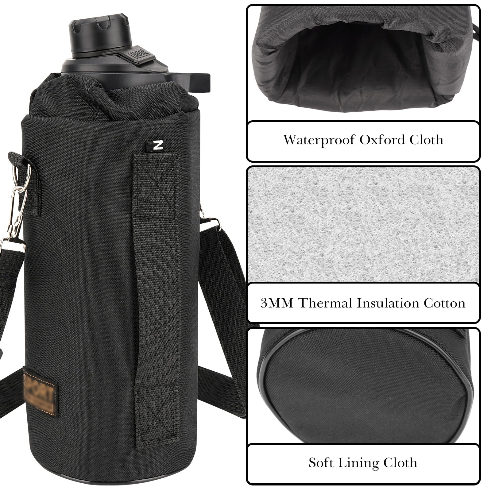Linkidea Sports Water Bottle Carrier with Strap Compatible with Nalgene Sustain Tritan 48oz, CamelBak Chute Mag 50oz, Thick Waterbottle Cooler Bag Holder Shoulder Strap, Black