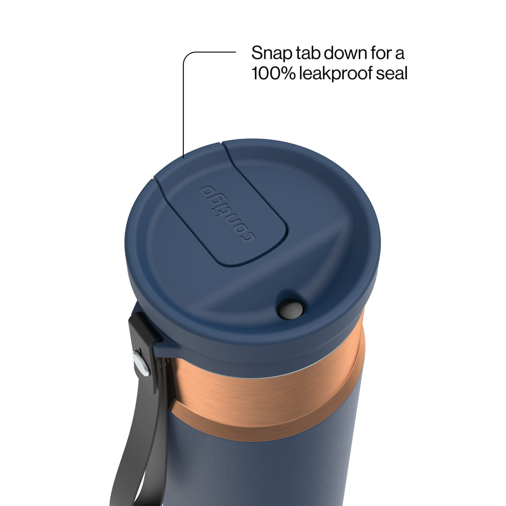 Contigo SnapSeal Leakproof Stainless Steel Reusable Water Bottle with Carrying Strap, Dark Blue/Bronze, 24 oz