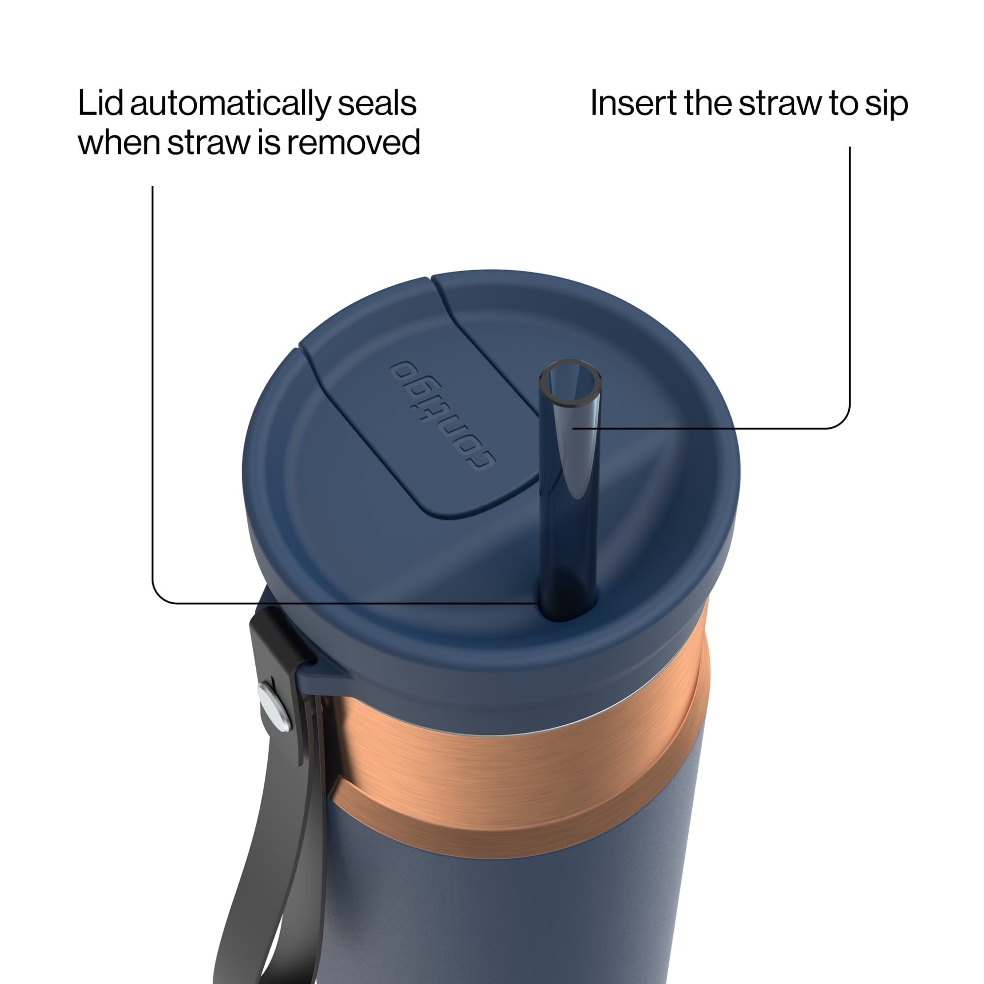 Contigo SnapSeal Leakproof Stainless Steel Reusable Water Bottle with Carrying Strap, Dark Blue/Bronze, 24 oz