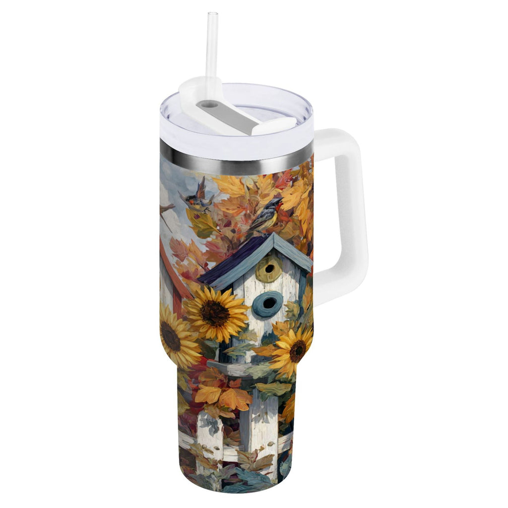 30 oz Insulated Stainless Steel Tumbler Double Wall Stainless Steel Tumbler with 2-Way Drinking Birdhouses with Sunflowers