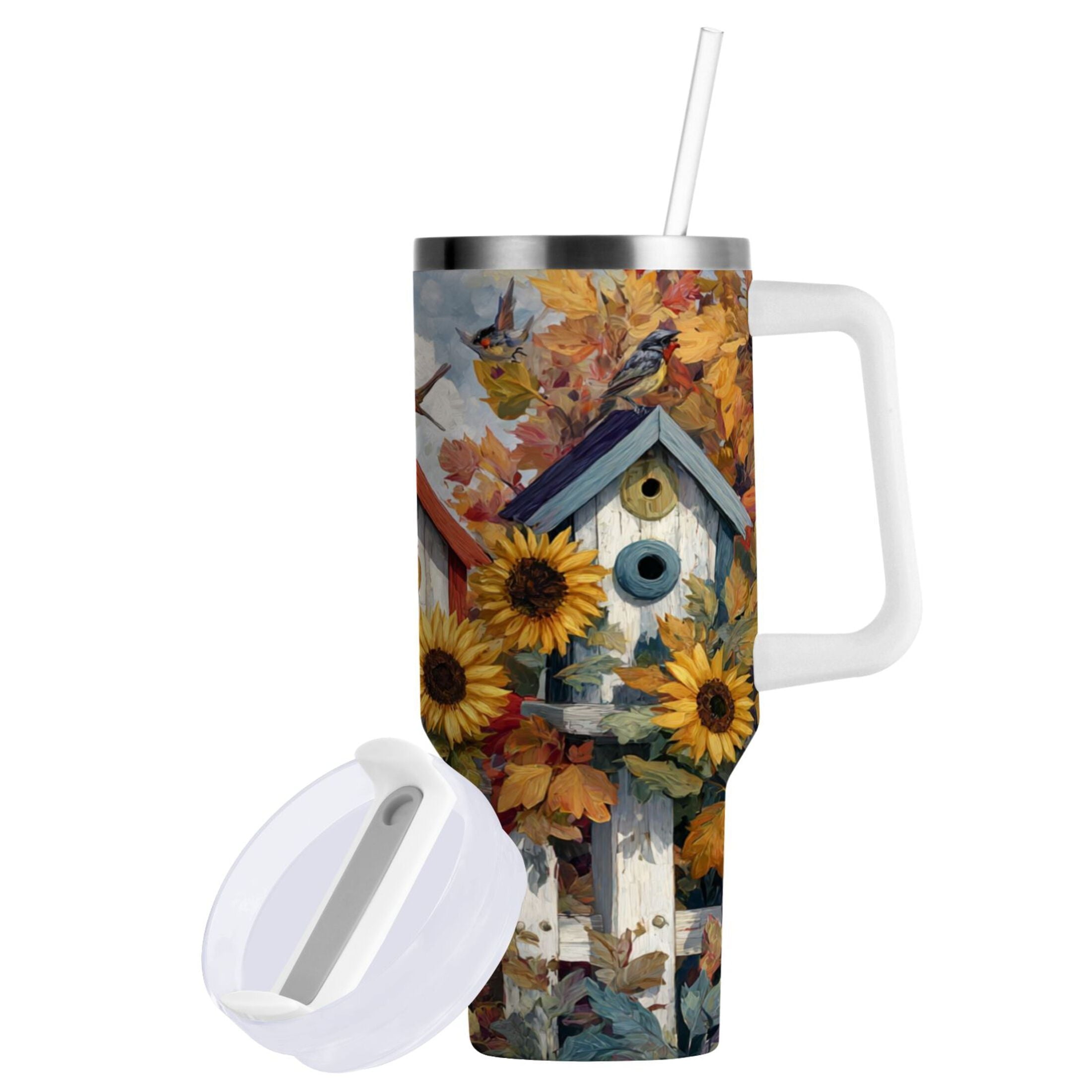 30 oz Insulated Stainless Steel Tumbler Double Wall Stainless Steel Tumbler with 2-Way Drinking Birdhouses with Sunflowers