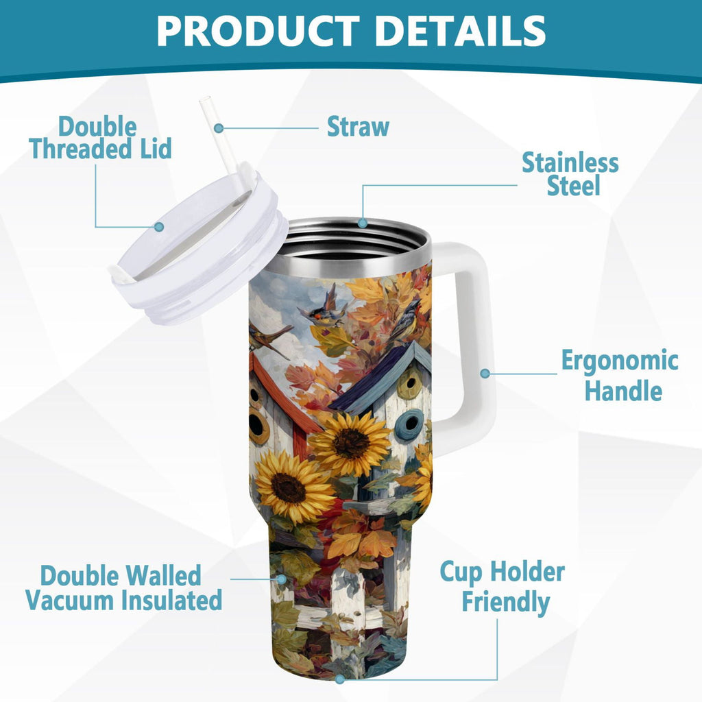 30 oz Insulated Stainless Steel Tumbler Double Wall Stainless Steel Tumbler with 2-Way Drinking Birdhouses with Sunflowers