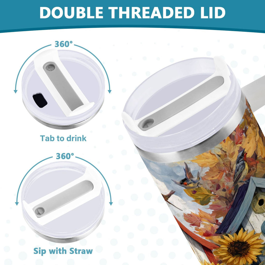 30 oz Insulated Stainless Steel Tumbler Double Wall Stainless Steel Tumbler with 2-Way Drinking Birdhouses with Sunflowers