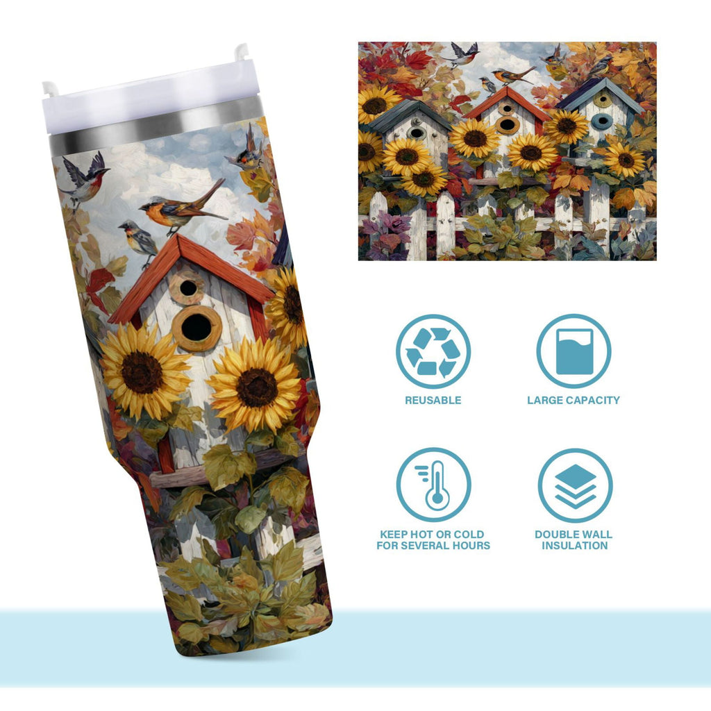 30 oz Insulated Stainless Steel Tumbler Double Wall Stainless Steel Tumbler with 2-Way Drinking Birdhouses with Sunflowers