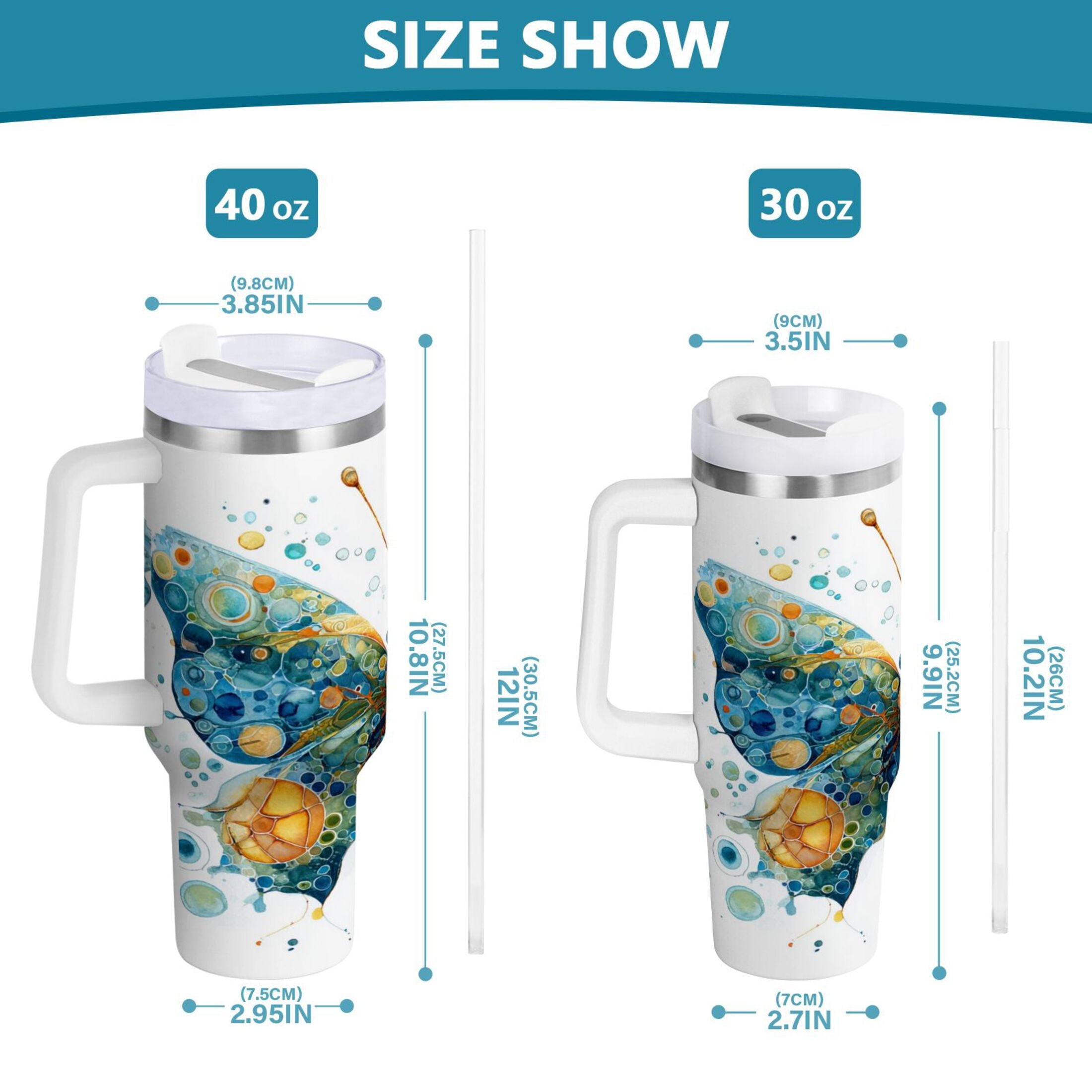 40 oz Insulated Stainless Steel Tumbler Double Wall Stainless Steel Tumbler with 2-Way Drinking Intricately Butterfly