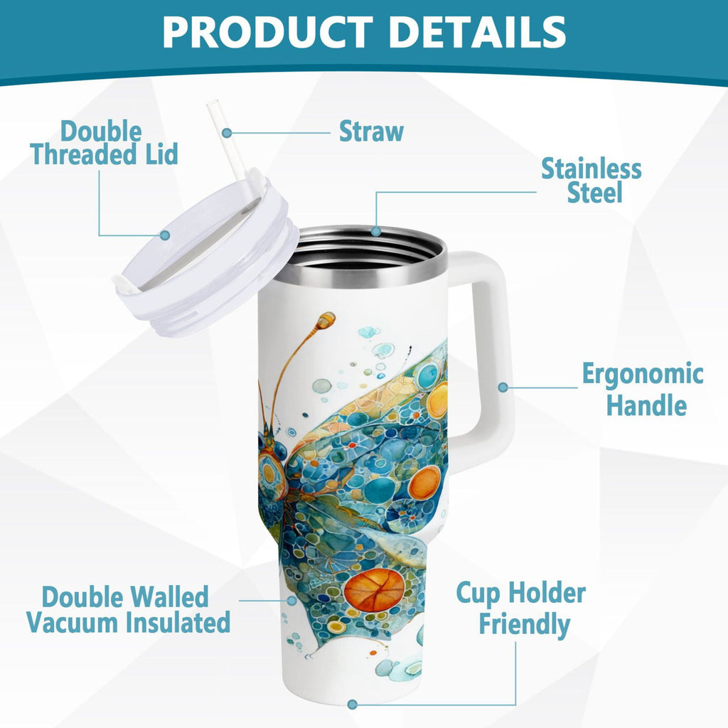 40 oz Insulated Stainless Steel Tumbler Double Wall Stainless Steel Tumbler with 2-Way Drinking Intricately Butterfly