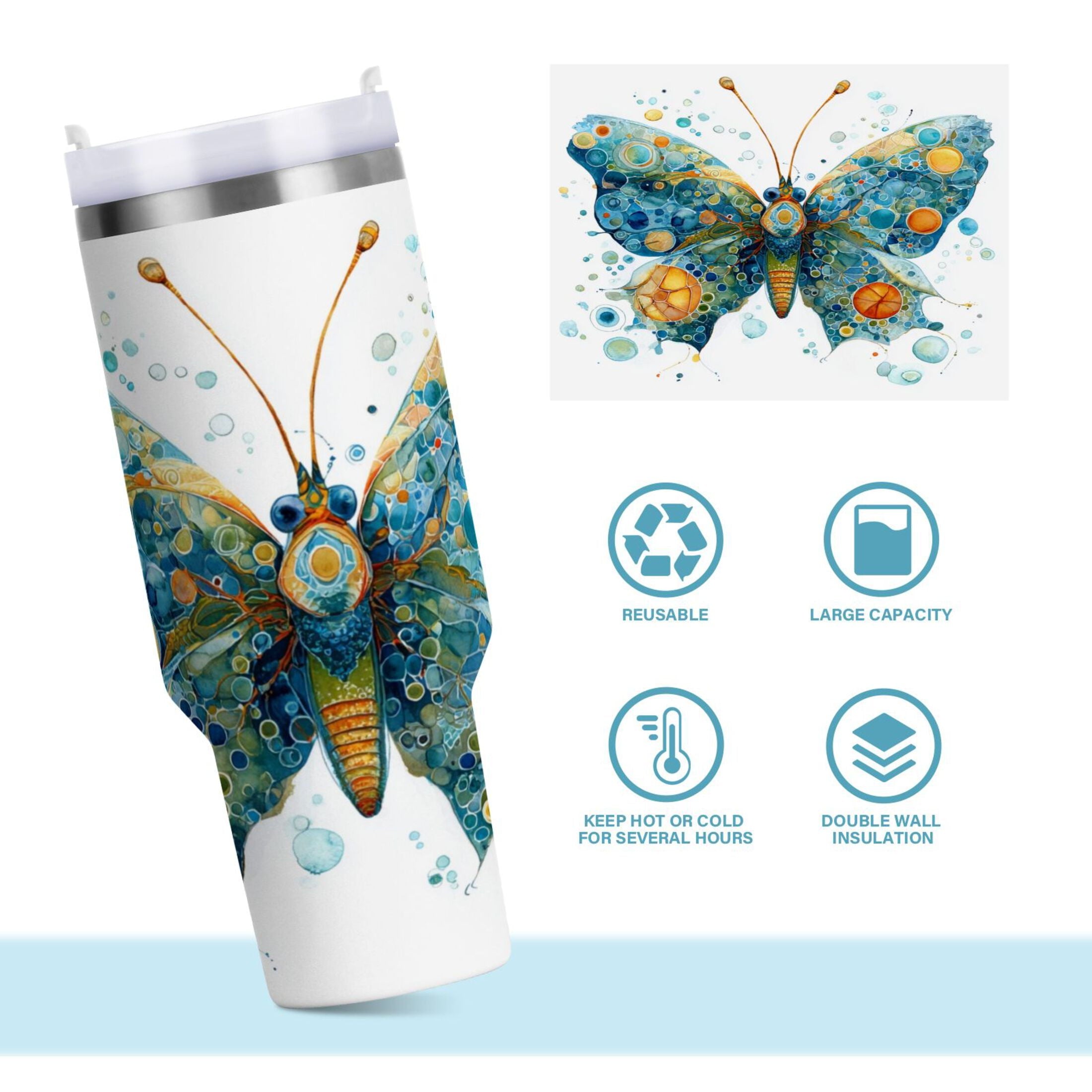 40 oz Insulated Stainless Steel Tumbler Double Wall Stainless Steel Tumbler with 2-Way Drinking Intricately Butterfly