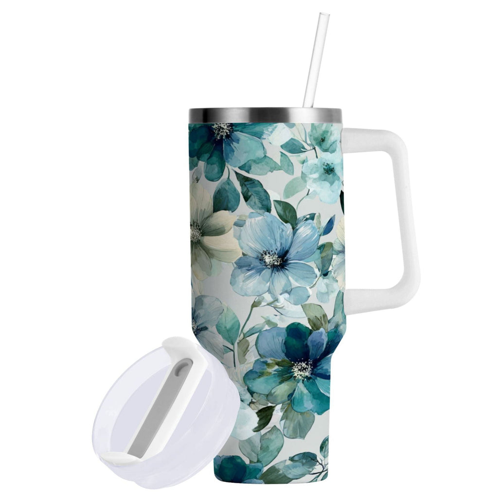 30 oz Insulated Stainless Steel Tumbler Double Wall Stainless Steel Tumbler with 2-Way Drinking Blue and Green Flowers