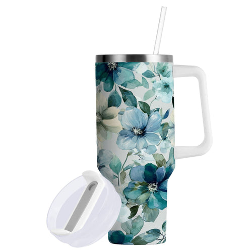30 oz Insulated Stainless Steel Tumbler Double Wall Stainless Steel Tumbler with 2-Way Drinking Blue and Green Flowers