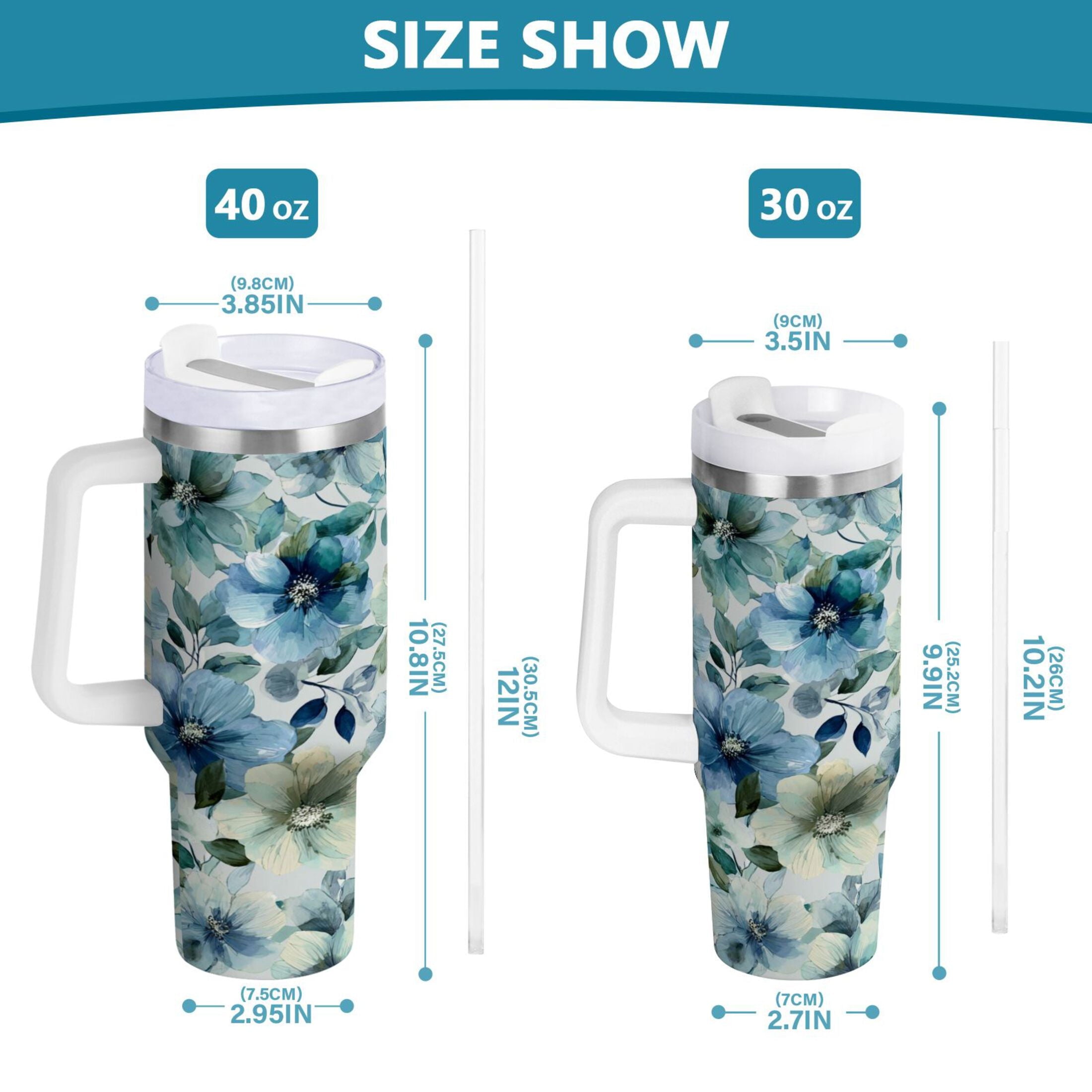 30 oz Insulated Stainless Steel Tumbler Double Wall Stainless Steel Tumbler with 2-Way Drinking Blue and Green Flowers