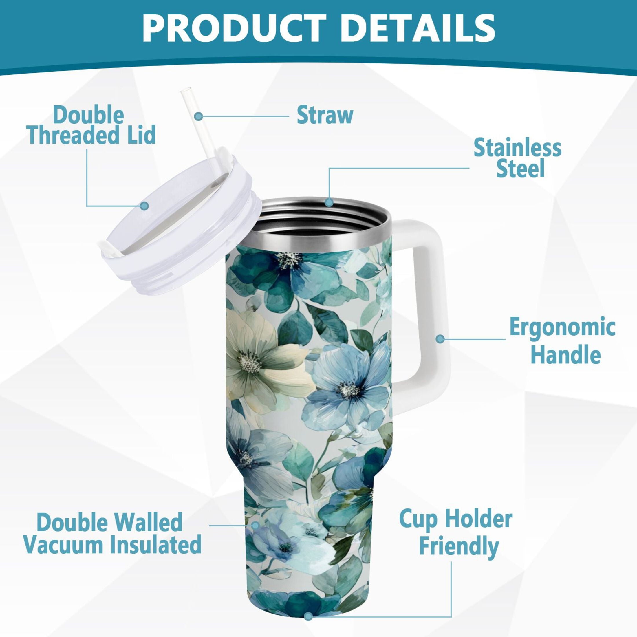 30 oz Insulated Stainless Steel Tumbler Double Wall Stainless Steel Tumbler with 2-Way Drinking Blue and Green Flowers