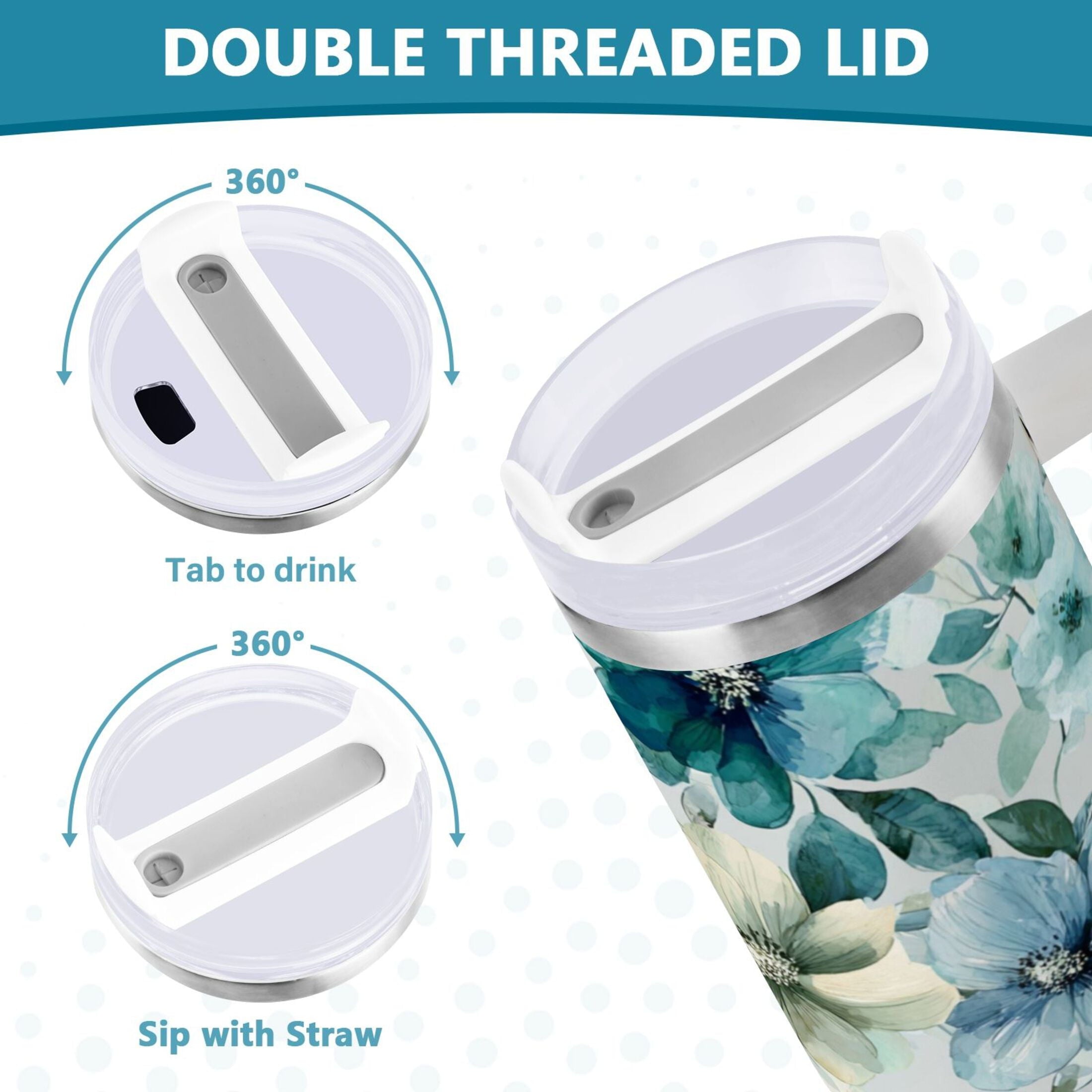 30 oz Insulated Stainless Steel Tumbler Double Wall Stainless Steel Tumbler with 2-Way Drinking Blue and Green Flowers