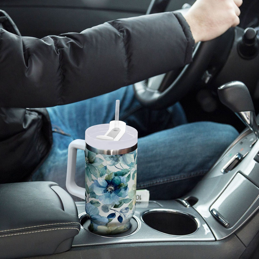 30 oz Insulated Stainless Steel Tumbler Double Wall Stainless Steel Tumbler with 2-Way Drinking Blue and Green Flowers